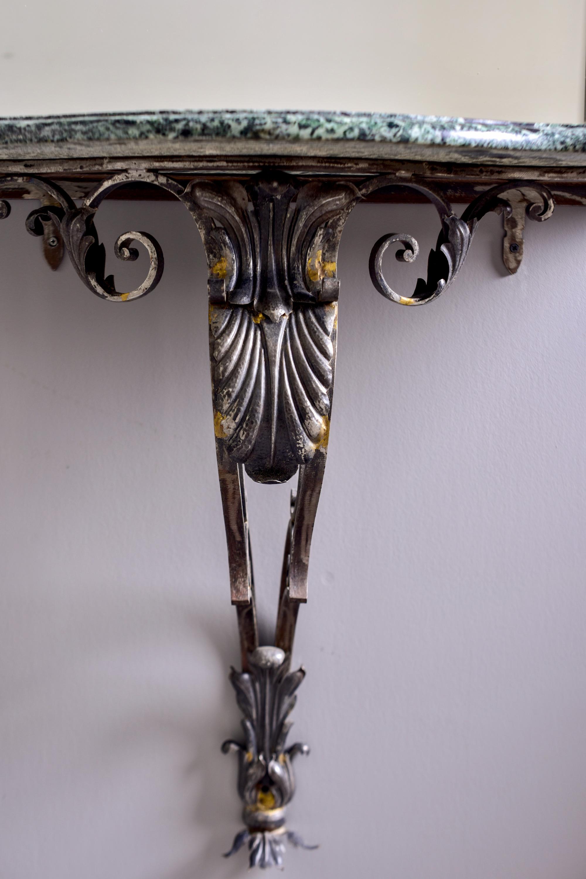 Pair French Iron Marble-Topped Wall Consoles with Mirrors For Sale 2