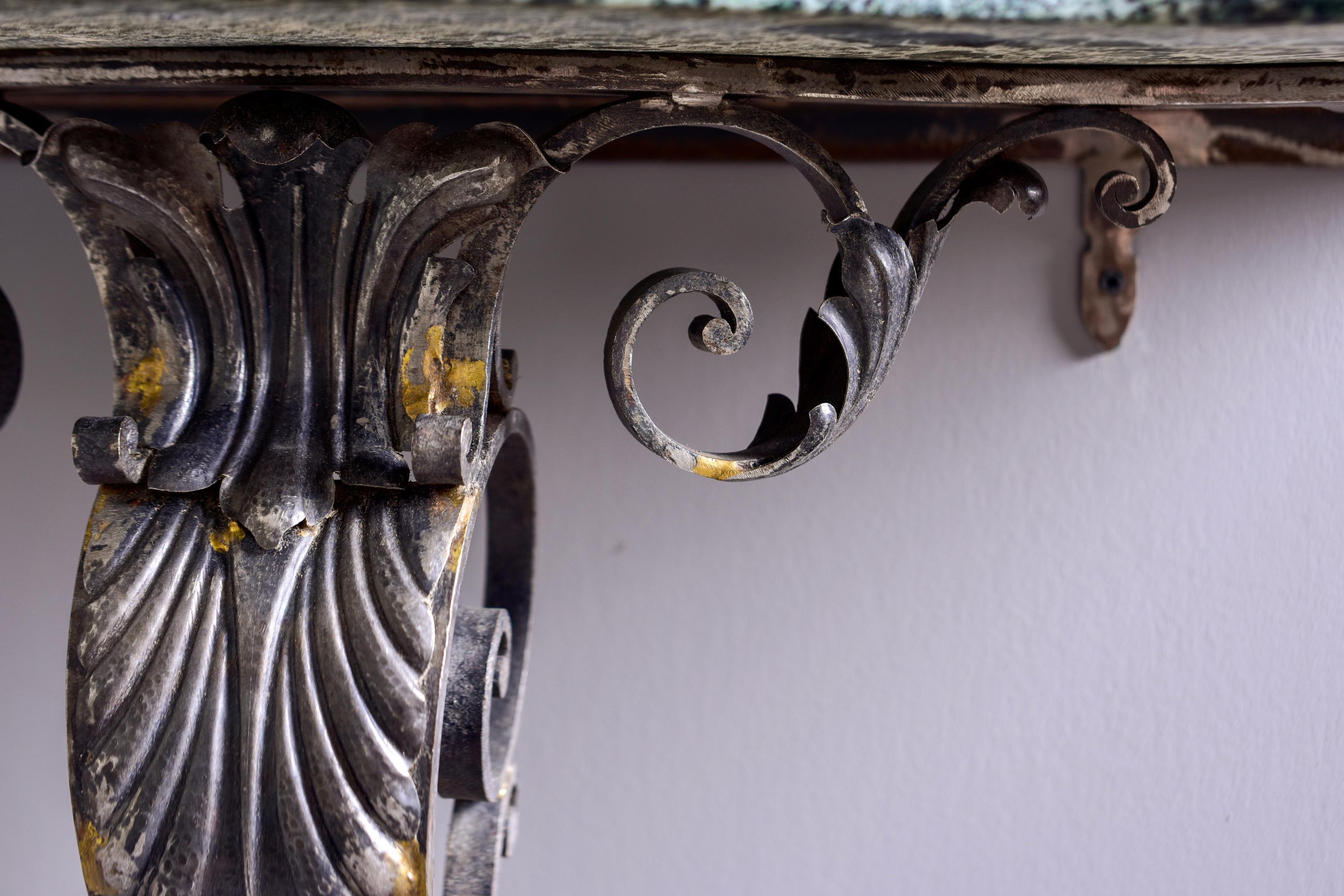 Pair French Iron Marble-Topped Wall Consoles with Mirrors 3