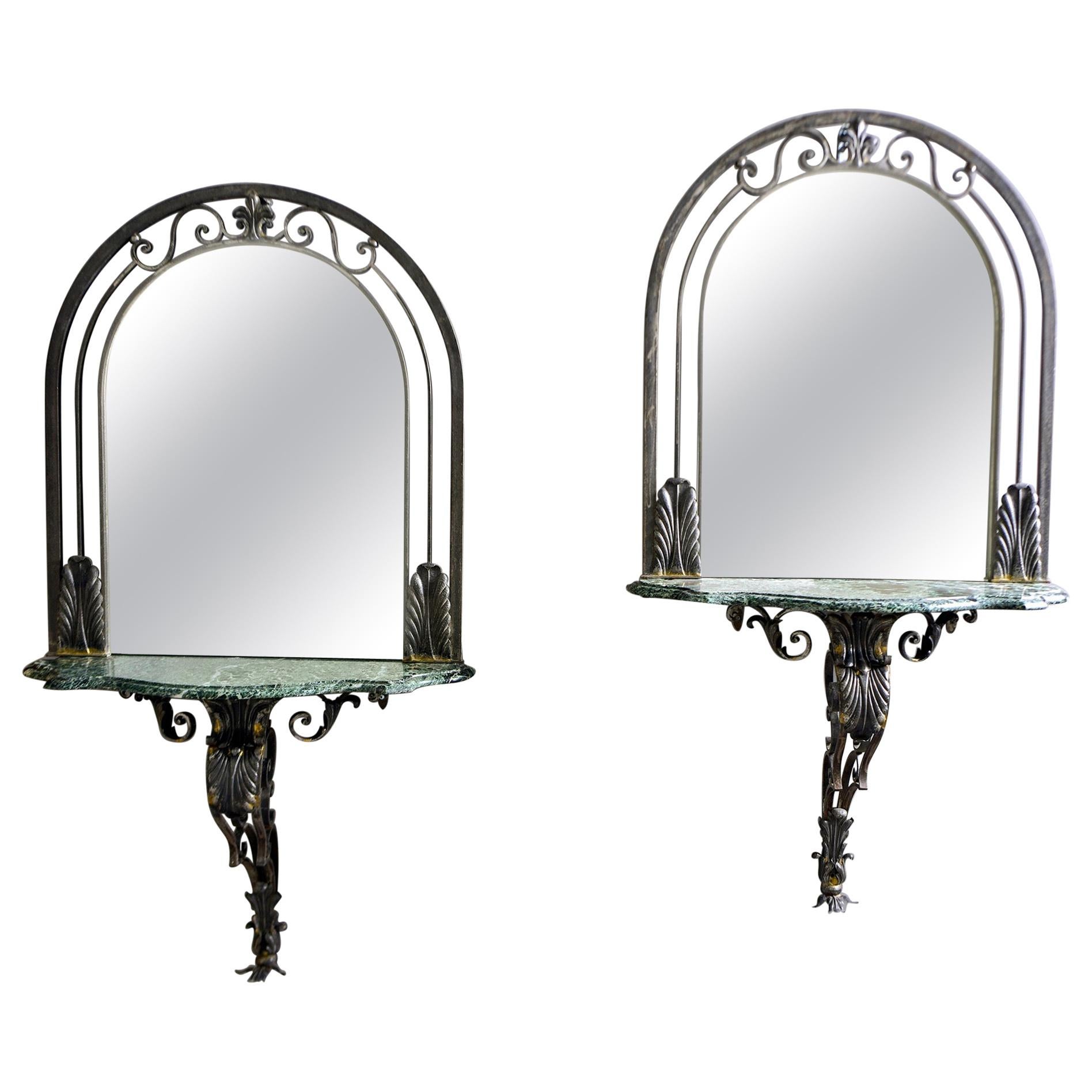 Pair French Iron Marble-Topped Wall Consoles with Mirrors