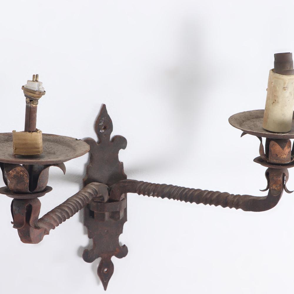 Pair French iron two arm wall sconces with old traces of gold circa 1910 For Sale 1
