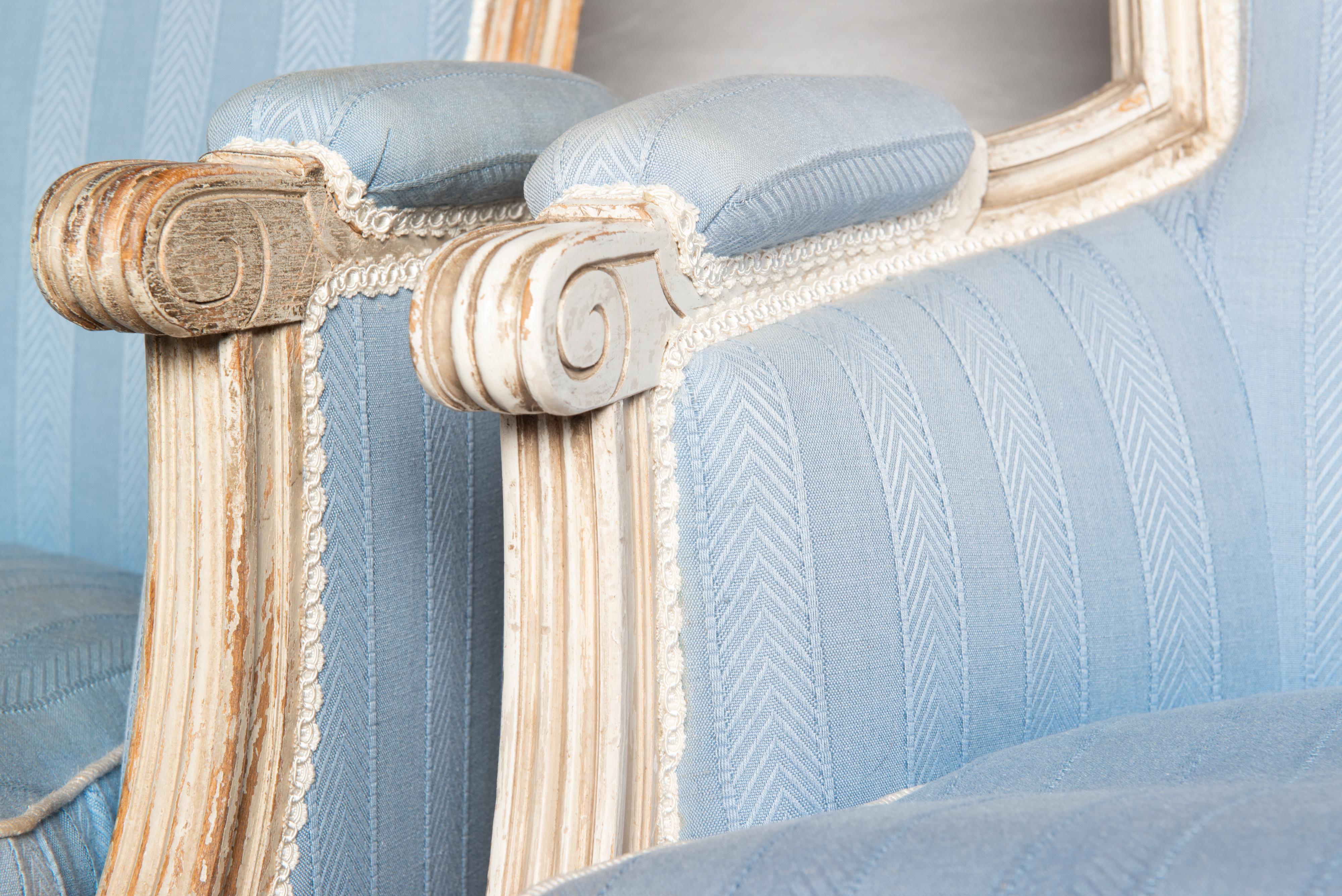 Pair French Jansen Louis XVI Blue Arm Chairs  For Sale 5