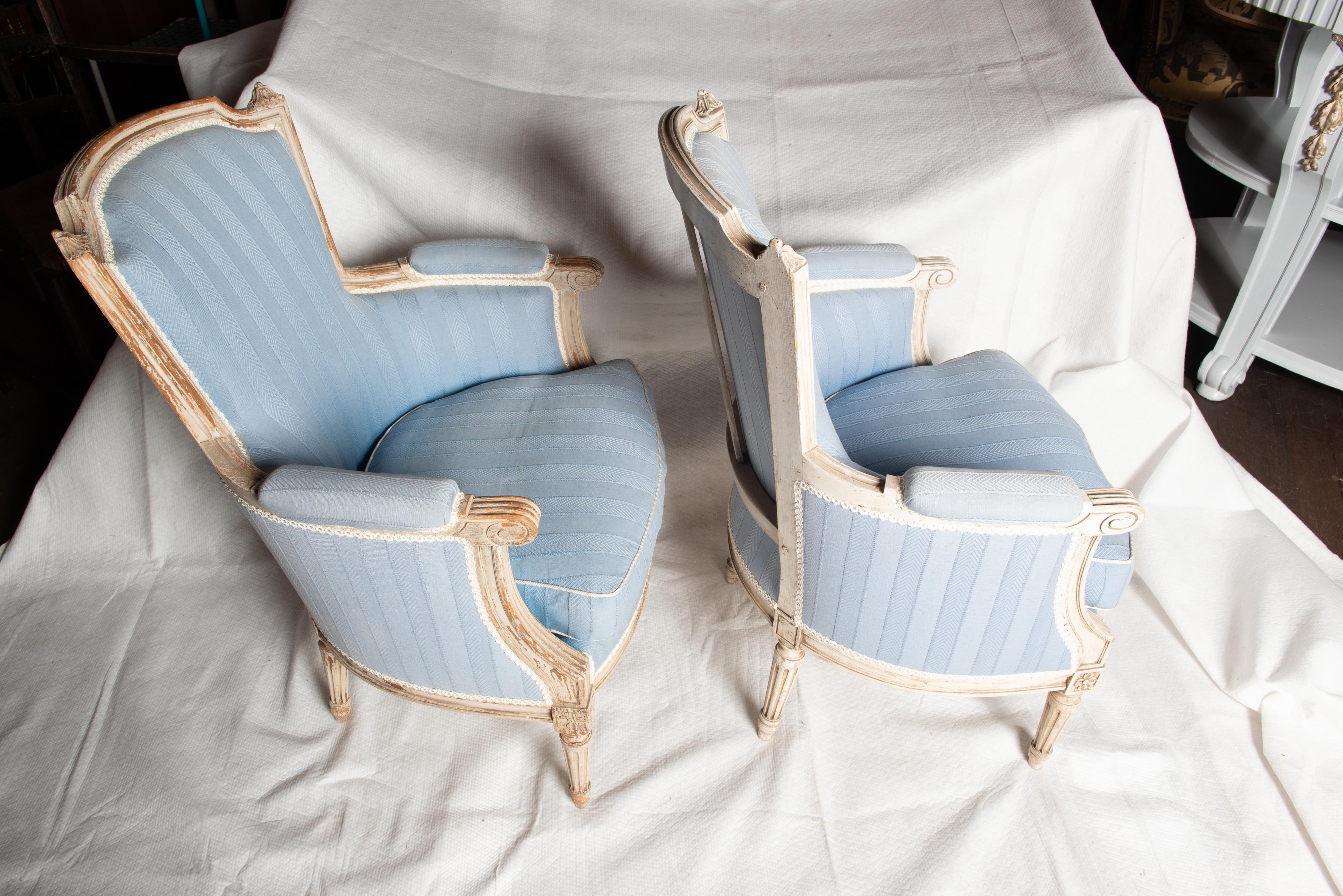 Pair French Jansen Louis XVI Blue Arm Chairs For Sale at 1stDibs