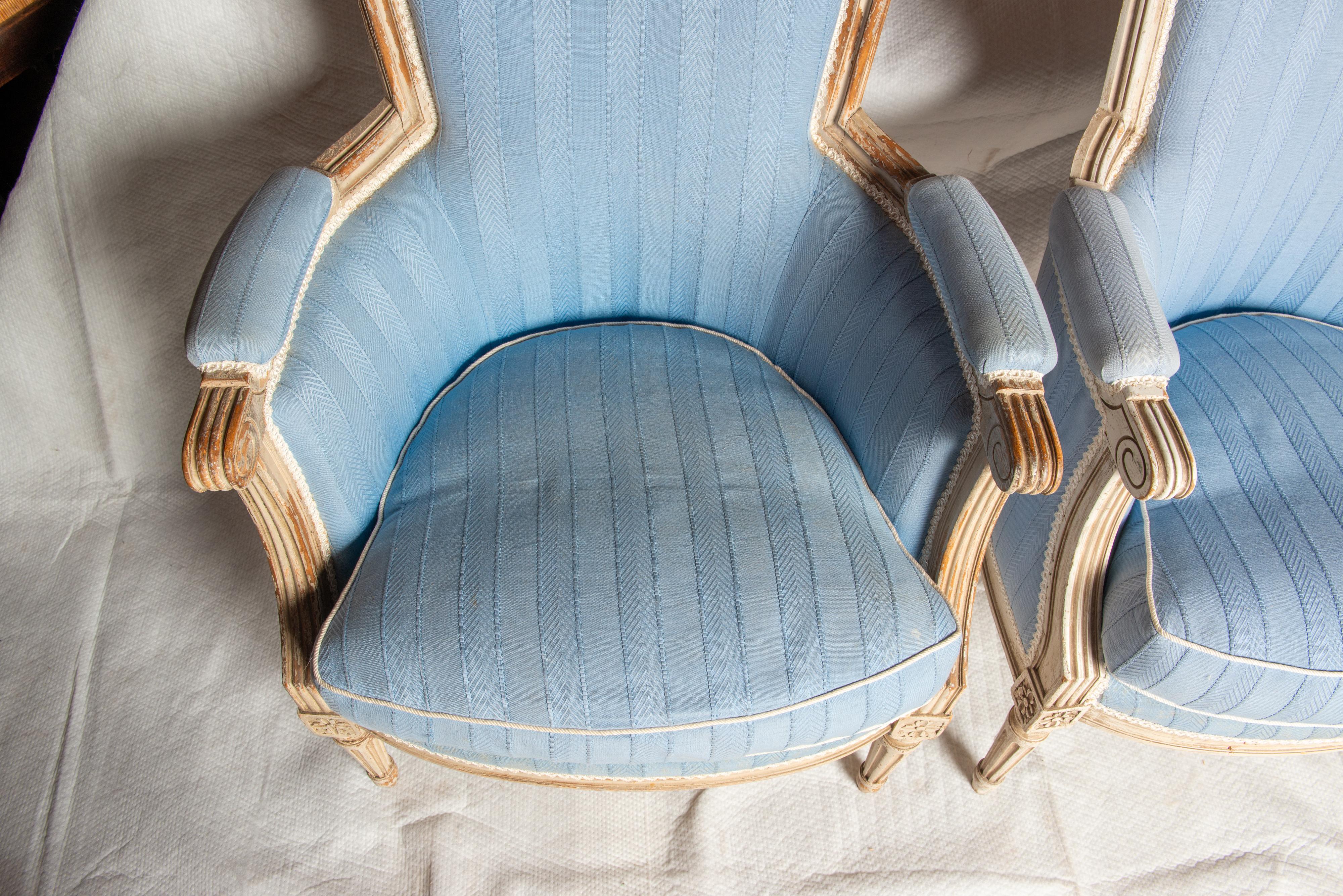 Pair French Jansen Louis XVI Blue Arm Chairs For Sale at 1stDibs