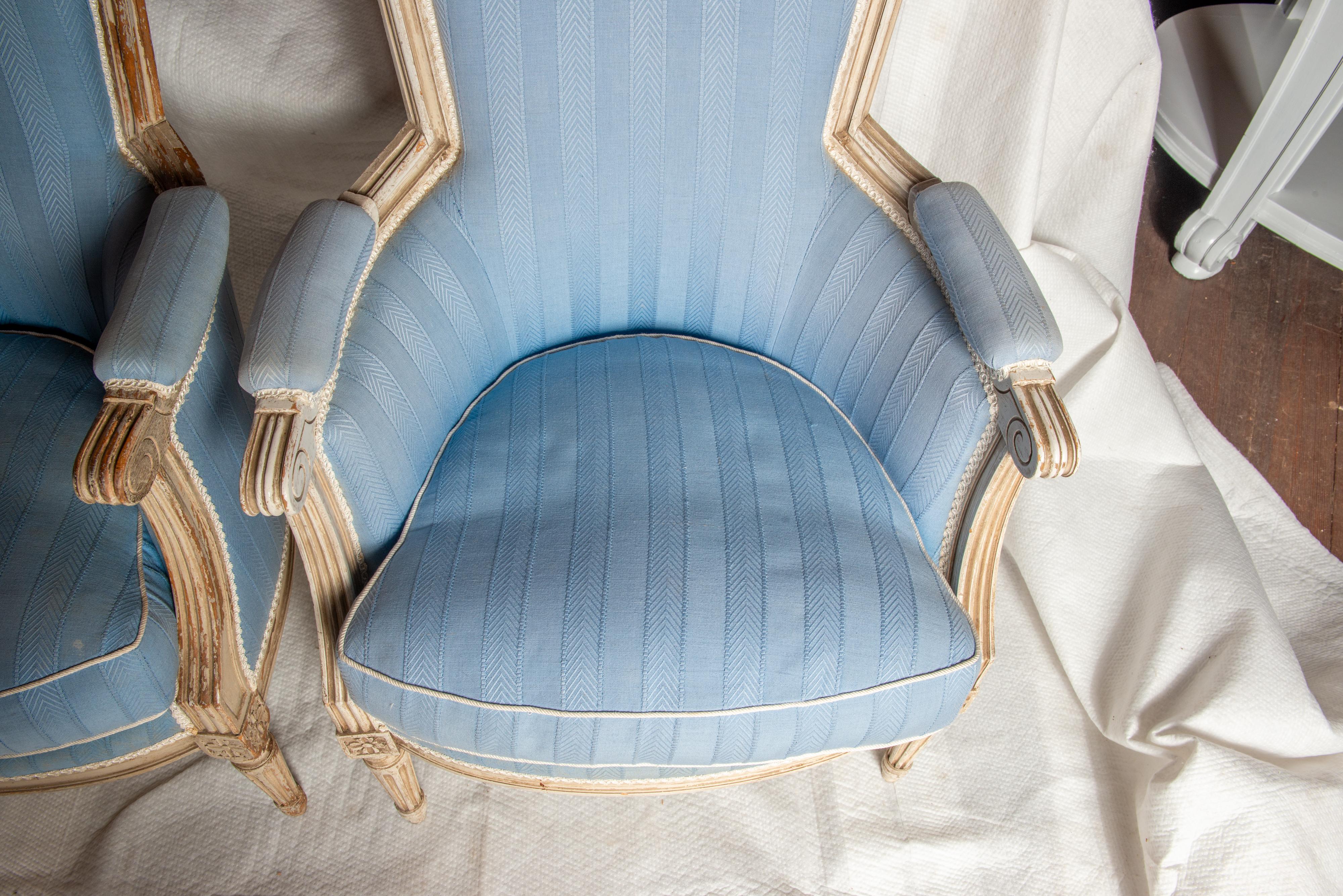 Wood Pair French Jansen Louis XVI Blue Arm Chairs  For Sale