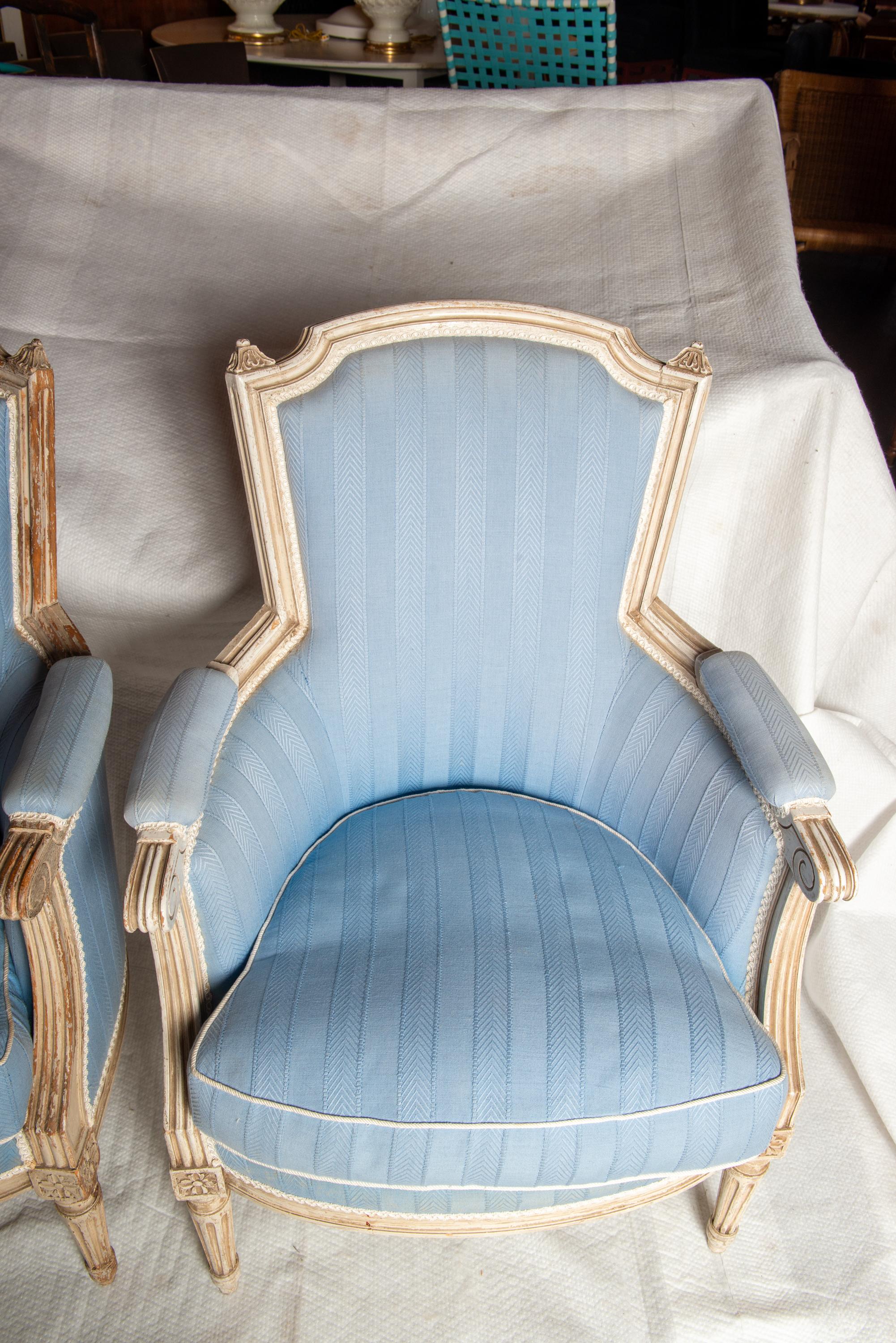 Pair French Jansen Louis XVI Blue Arm Chairs  For Sale 1
