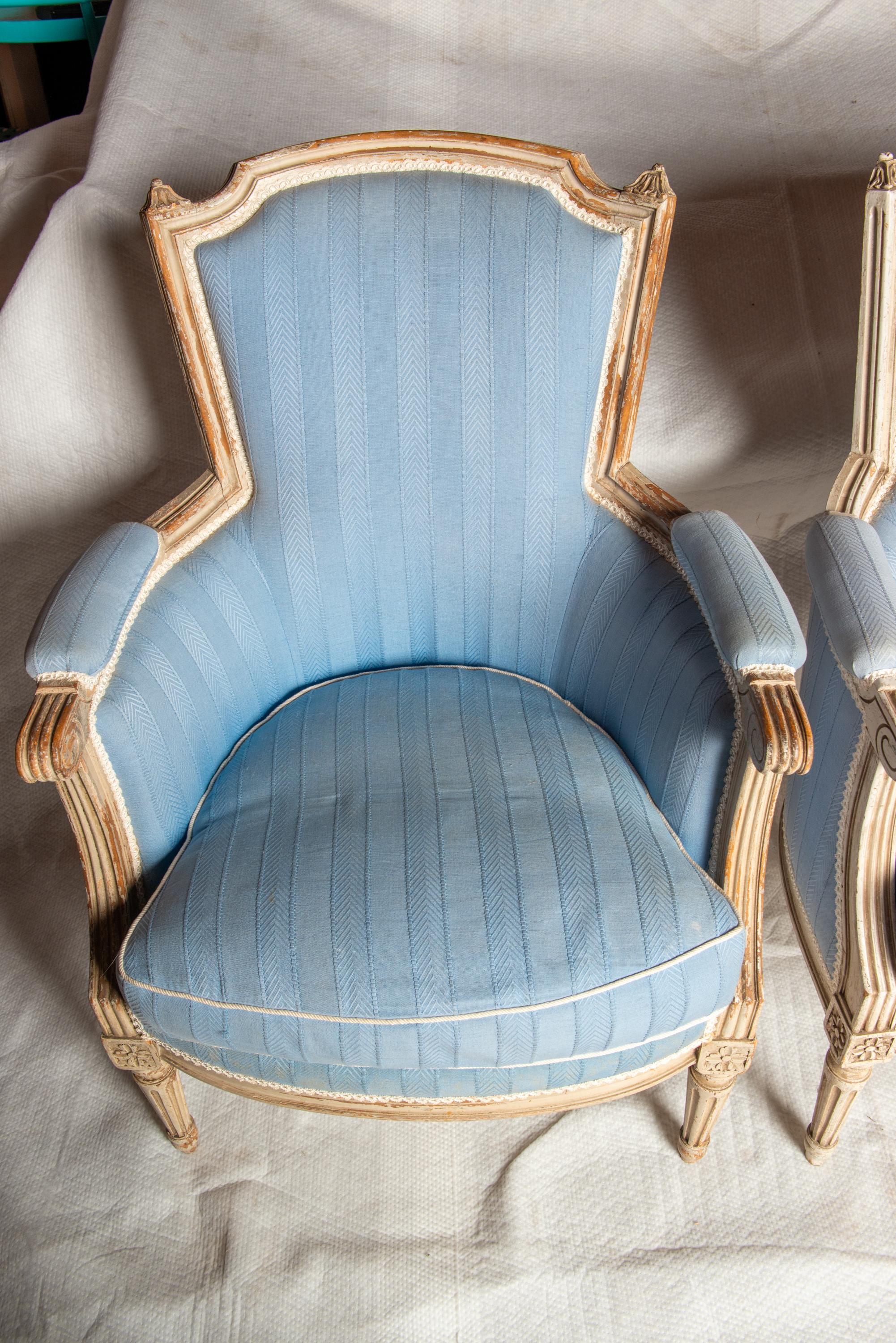 Pair French Jansen Louis XVI Blue Arm Chairs For Sale at 1stDibs