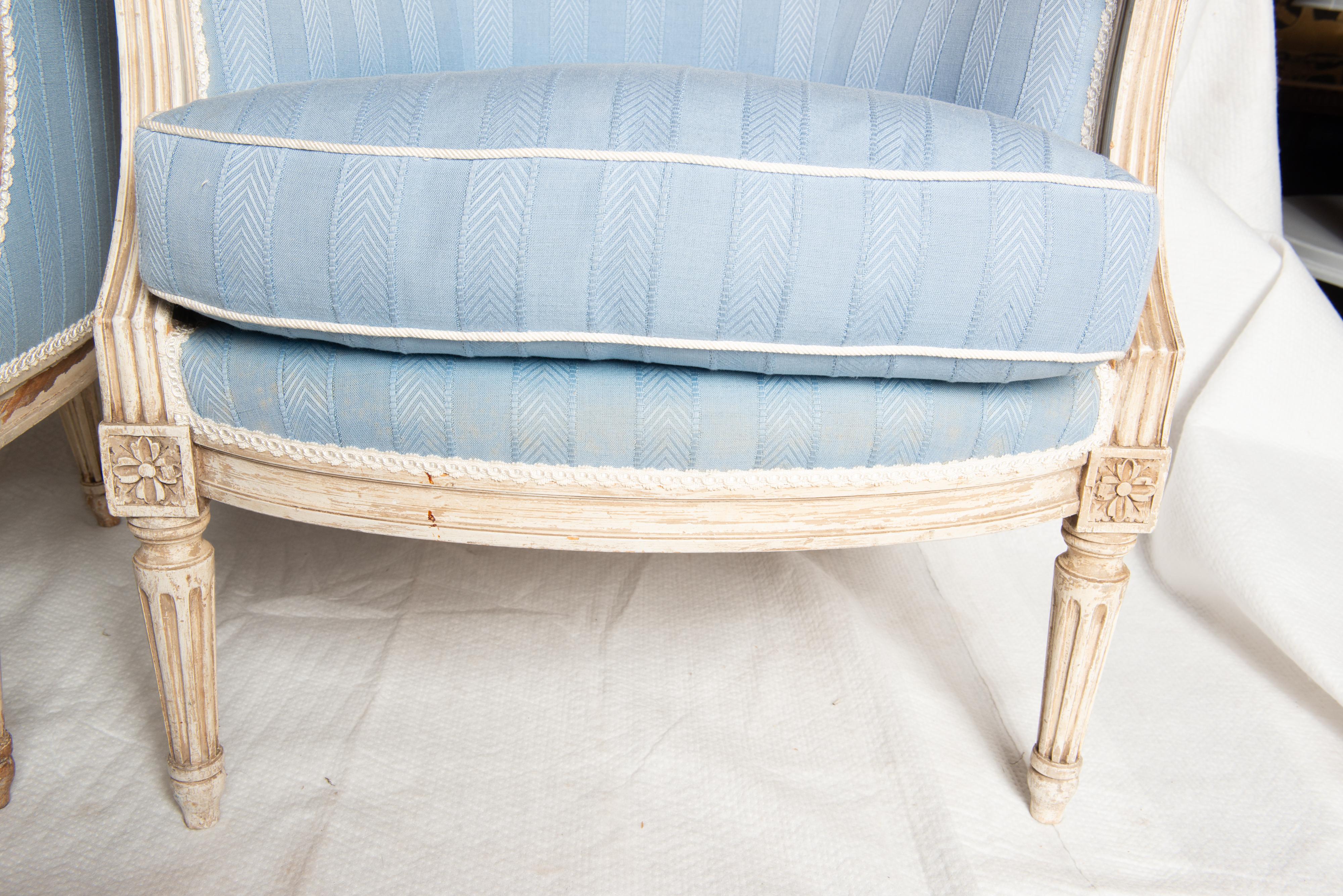 Pair French Jansen Louis XVI Blue Arm Chairs  For Sale 3
