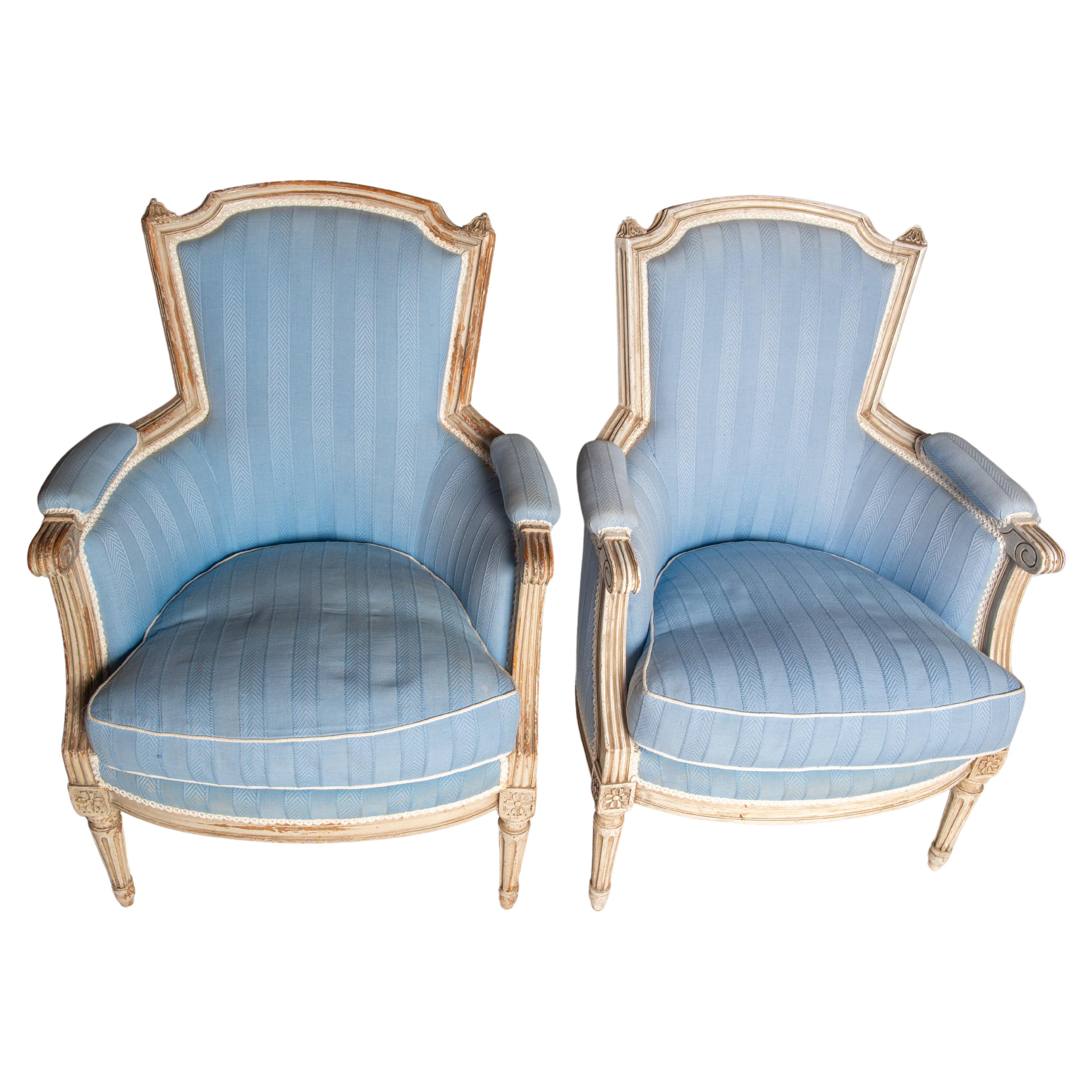 Pair French Jansen Louis XVI Blue Arm Chairs  For Sale