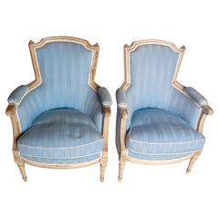 Pair French Jansen Louis XVI Blue Arm Chairs 