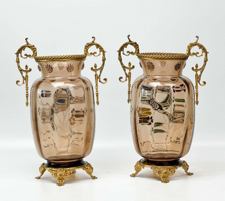 Pair French Japonisme Hand Blown Glass Gilt Bronze Mounted Vases Enamel ...