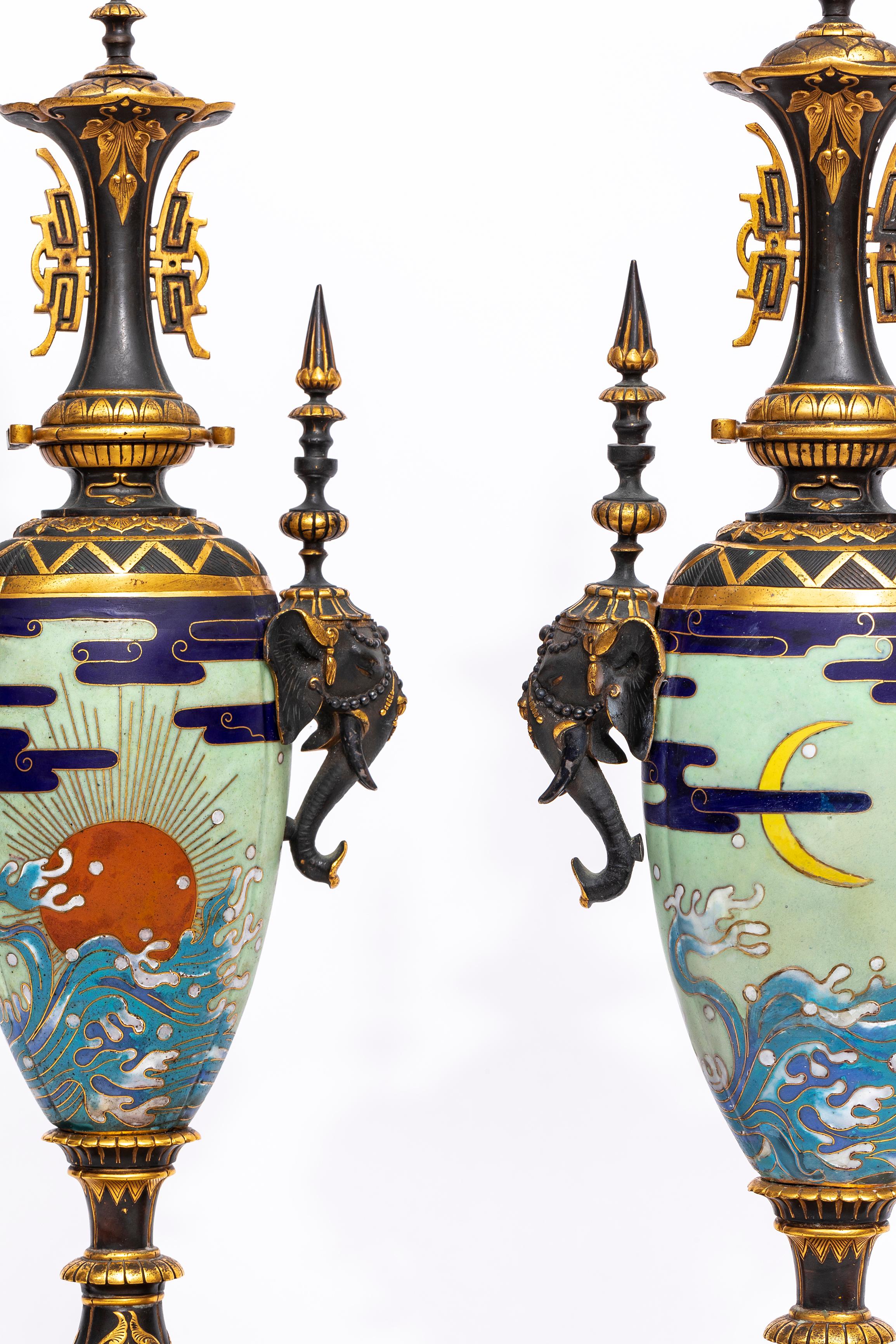 Coppia di vasi francesi Japonisme in bronzo patinato e cloisonné Christofle & Cie in vendita 2