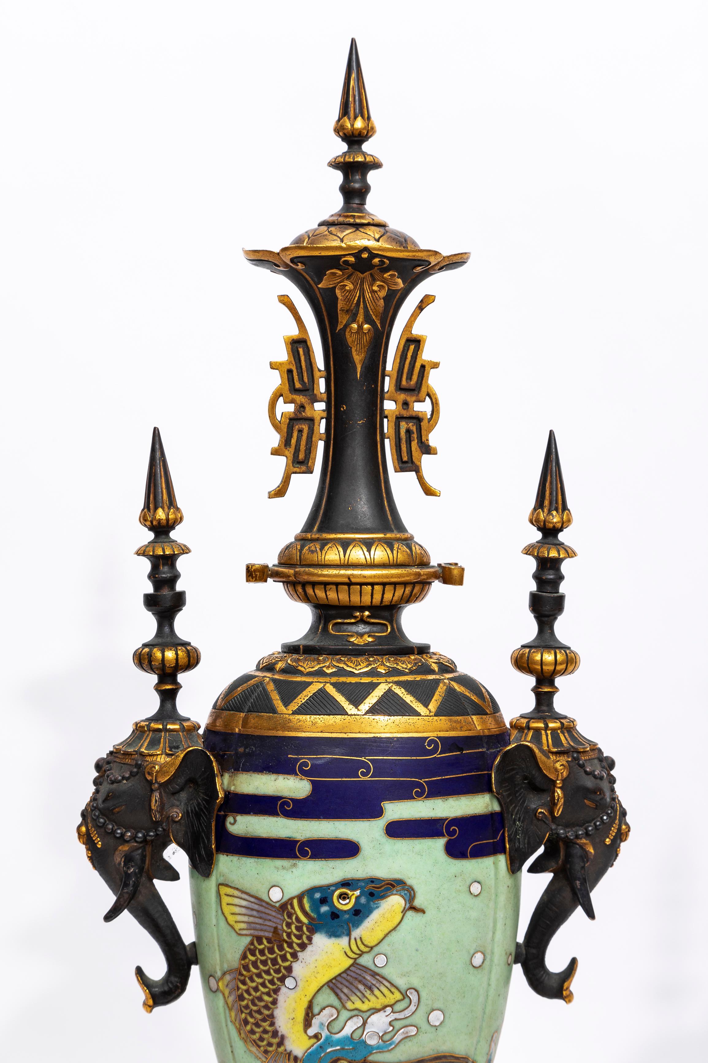 Coppia di vasi francesi Japonisme in bronzo patinato e cloisonné Christofle & Cie in vendita 4
