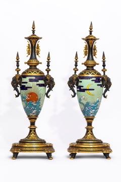 Pair French Japonisme Ormolu Patinated Bronze & Cloisonné Vases Christofle & Cie