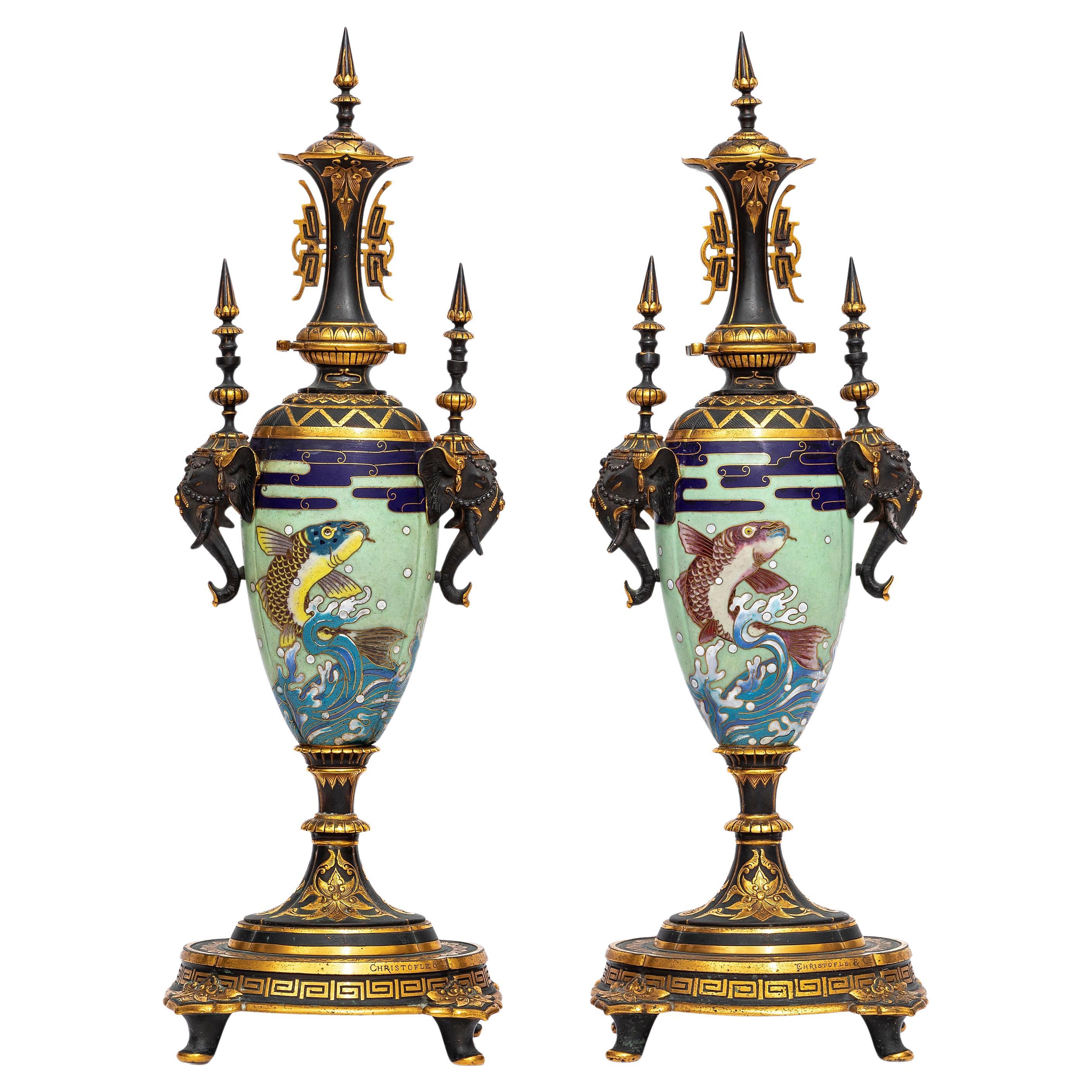 Pair French Japonisme Ormolu Patinated Bronze & Cloisonné Vases Christofle & Cie