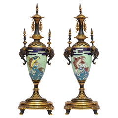 Pair French Japonisme Ormolu Patinated Bronze & Cloisonné Vases Christofle & Cie