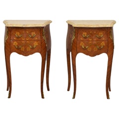 Pair French Kingwood & Marquetry Inlaid Bedside Cabinet Chests with Marble Tops