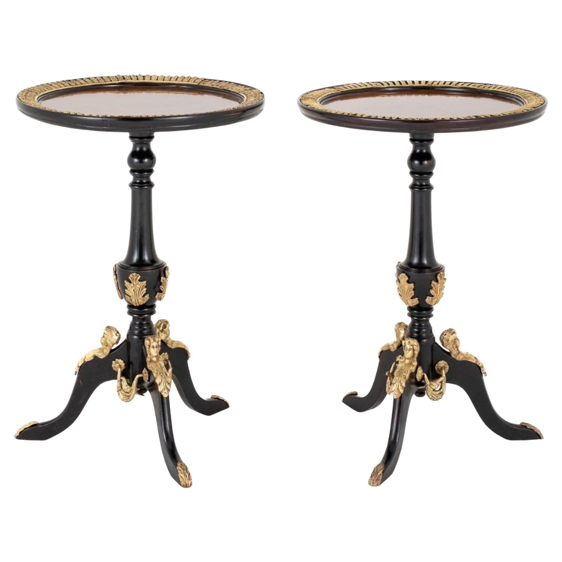 Pair French Lacquer Wine Tables Ebony Gilt For Sale