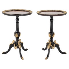 Antique Pair French Lacquer Wine Tables Ebony Gilt