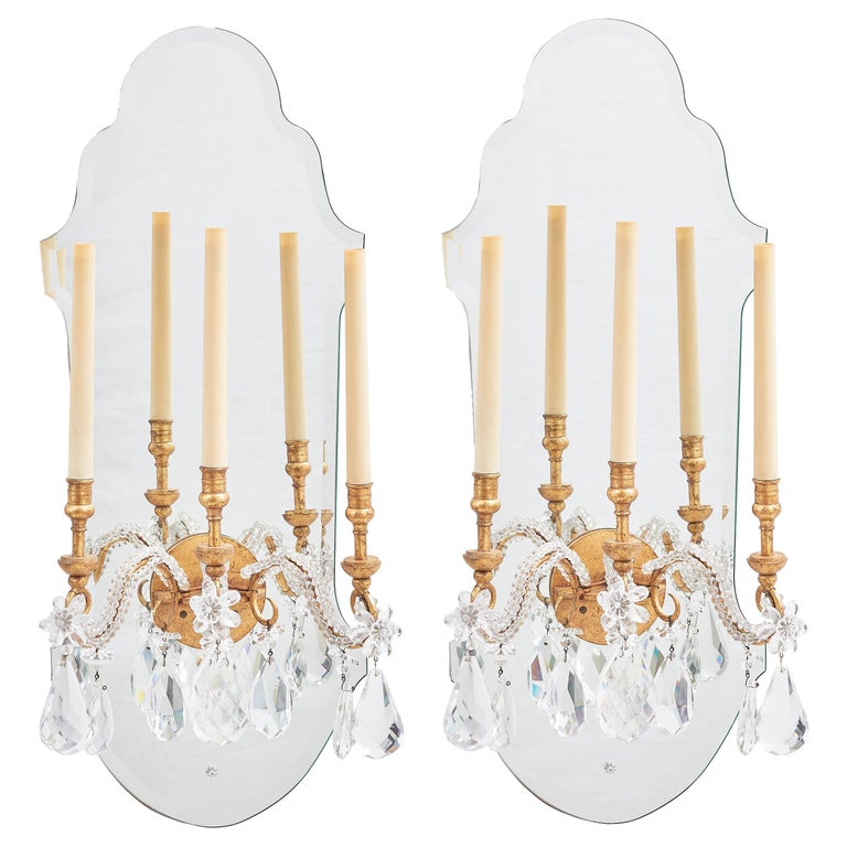 Pair of French Large Mirror Back Wall Sconces with Beaded Arms, circa 1920 For Sale at 1stdibs