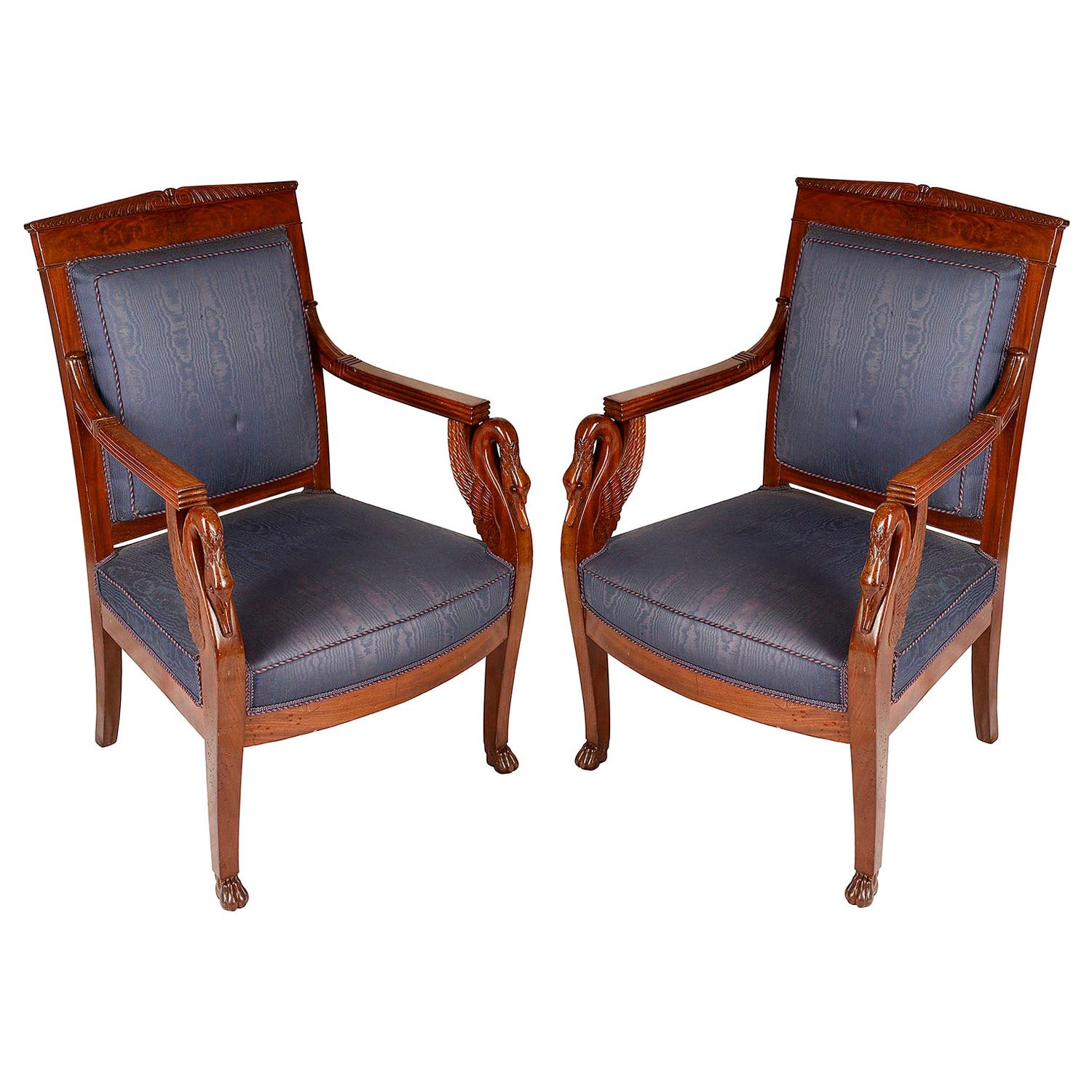 Pair of French Late 19th Century Empire Mahogany Armchairs