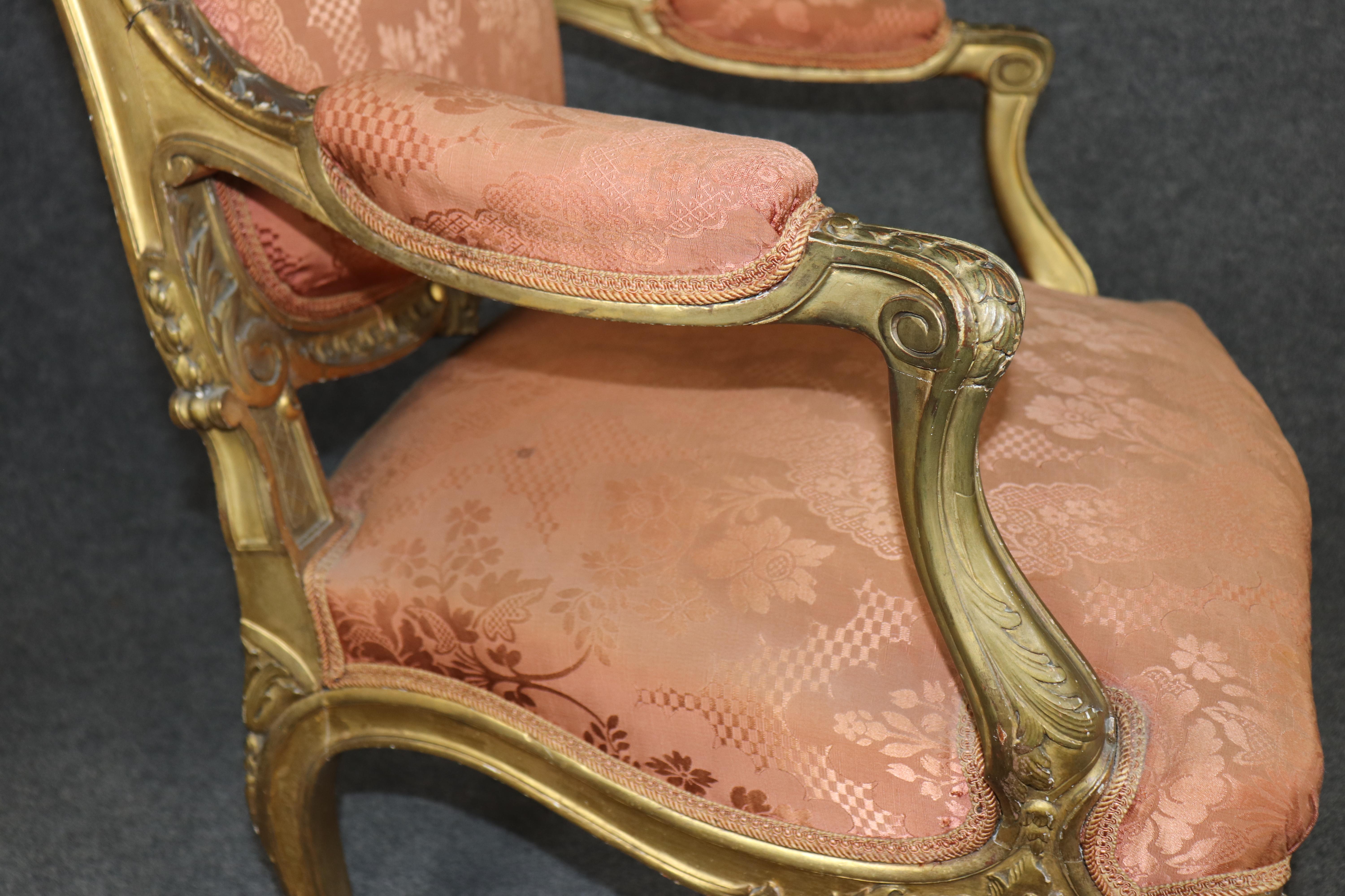 Pair French Late 19th century Louis xv Style carved gold gilt armchairs For Sale 4