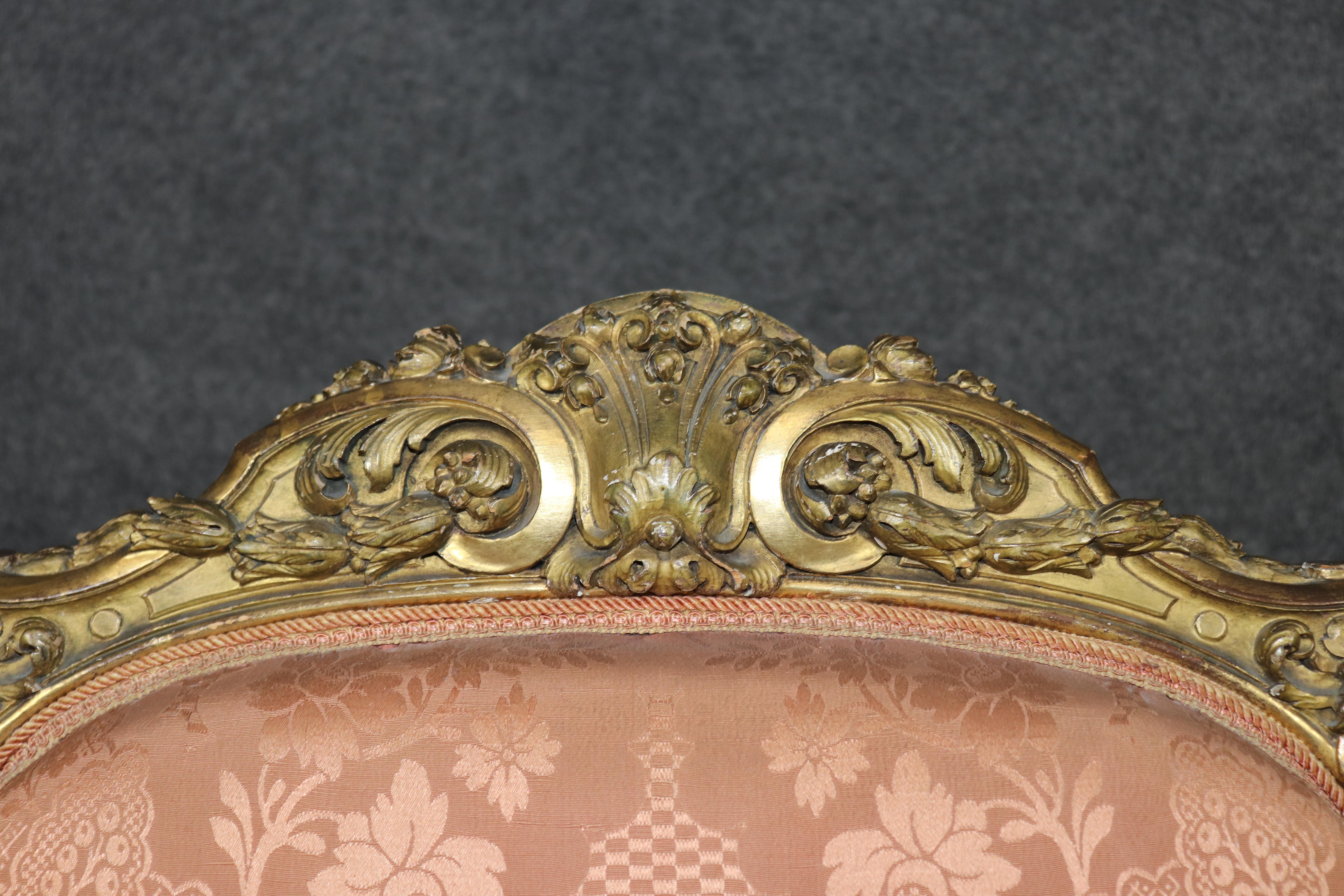 Pair French Late 19th century Louis xv Style carved gold gilt armchairs For Sale 7
