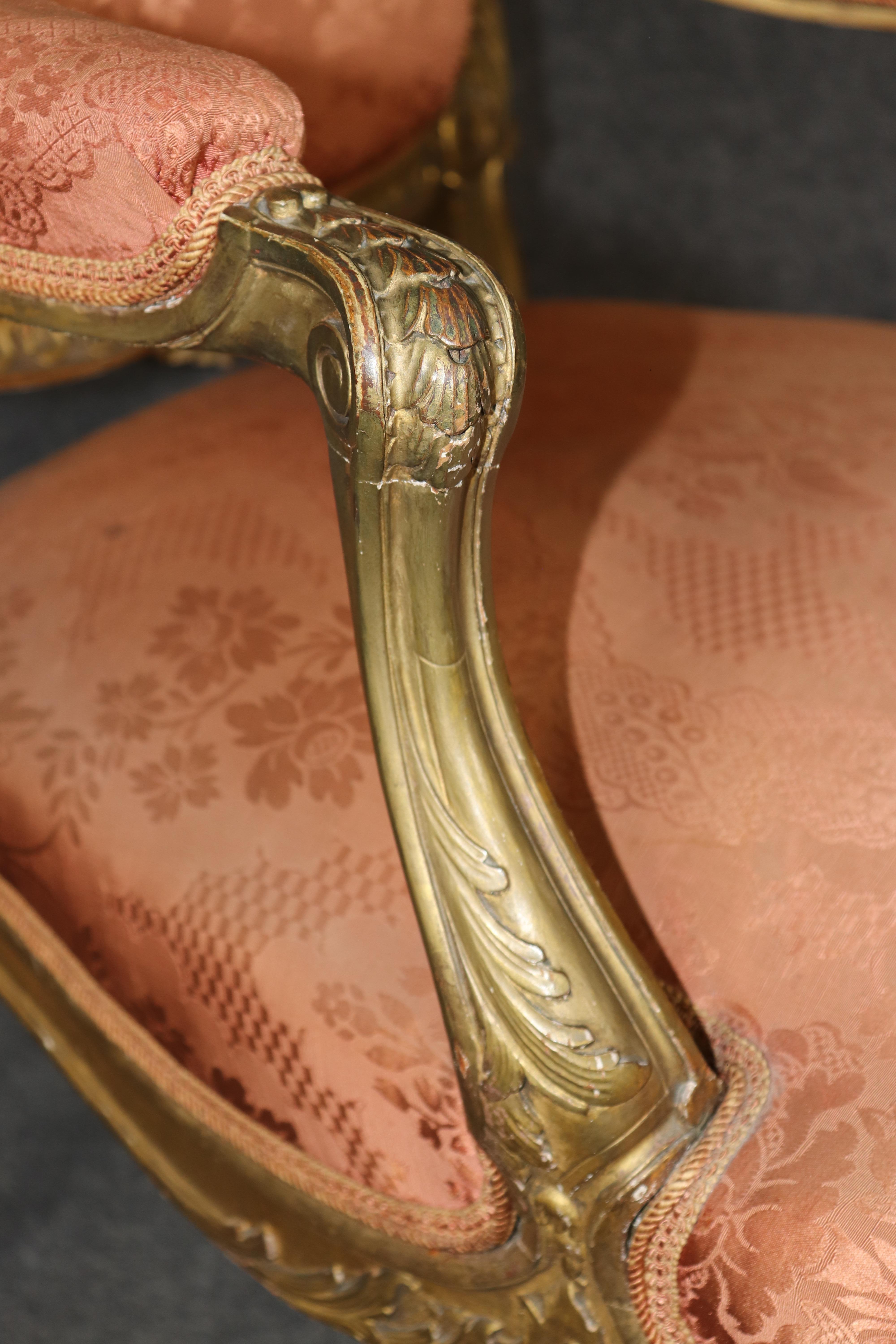Pair French Late 19th century Louis xv Style carved gold gilt armchairs For Sale 3