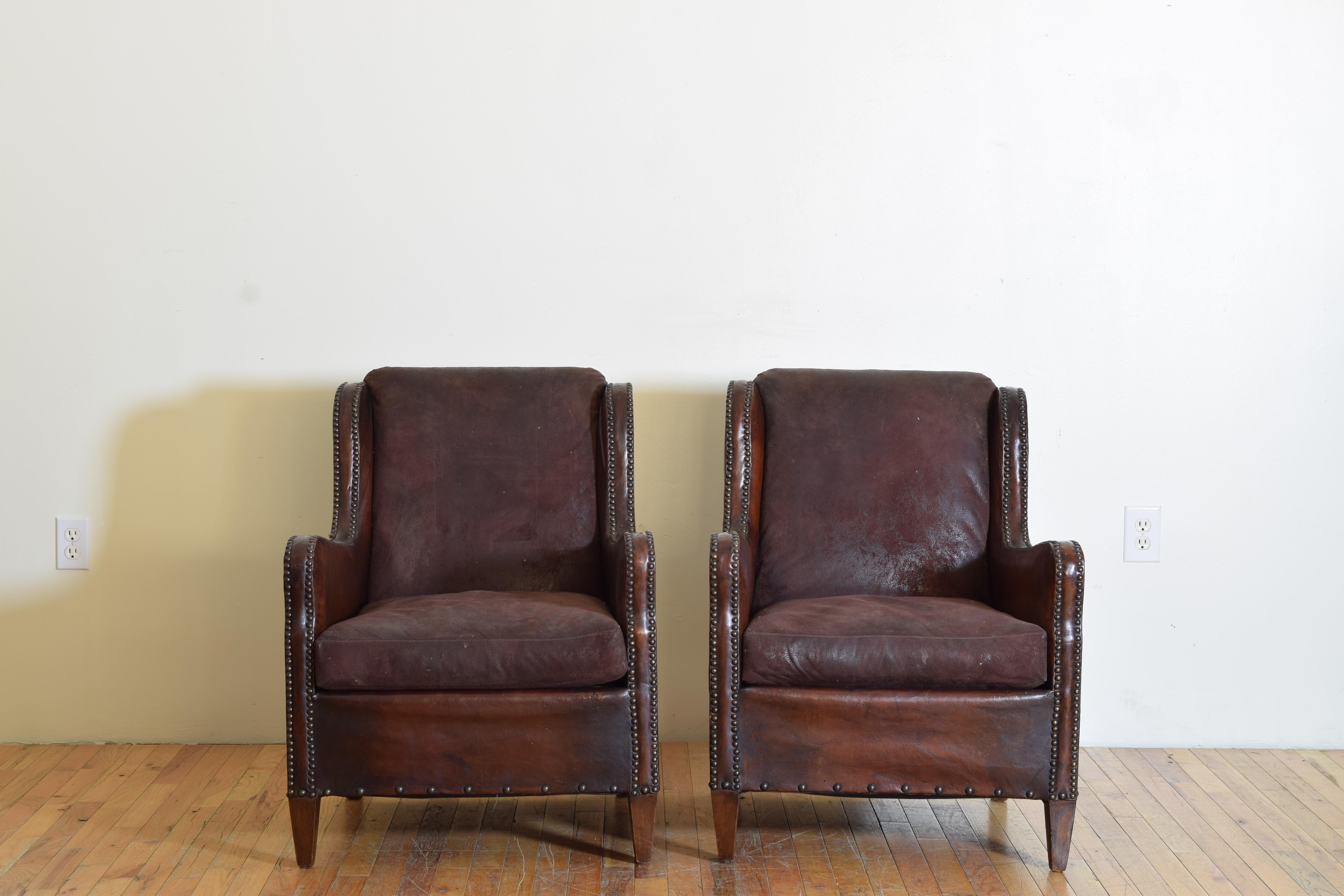 Pair French Late Art Deco Leather & Suede Upholstered Bergeres, ca. 1940 In Good Condition In Atlanta, GA