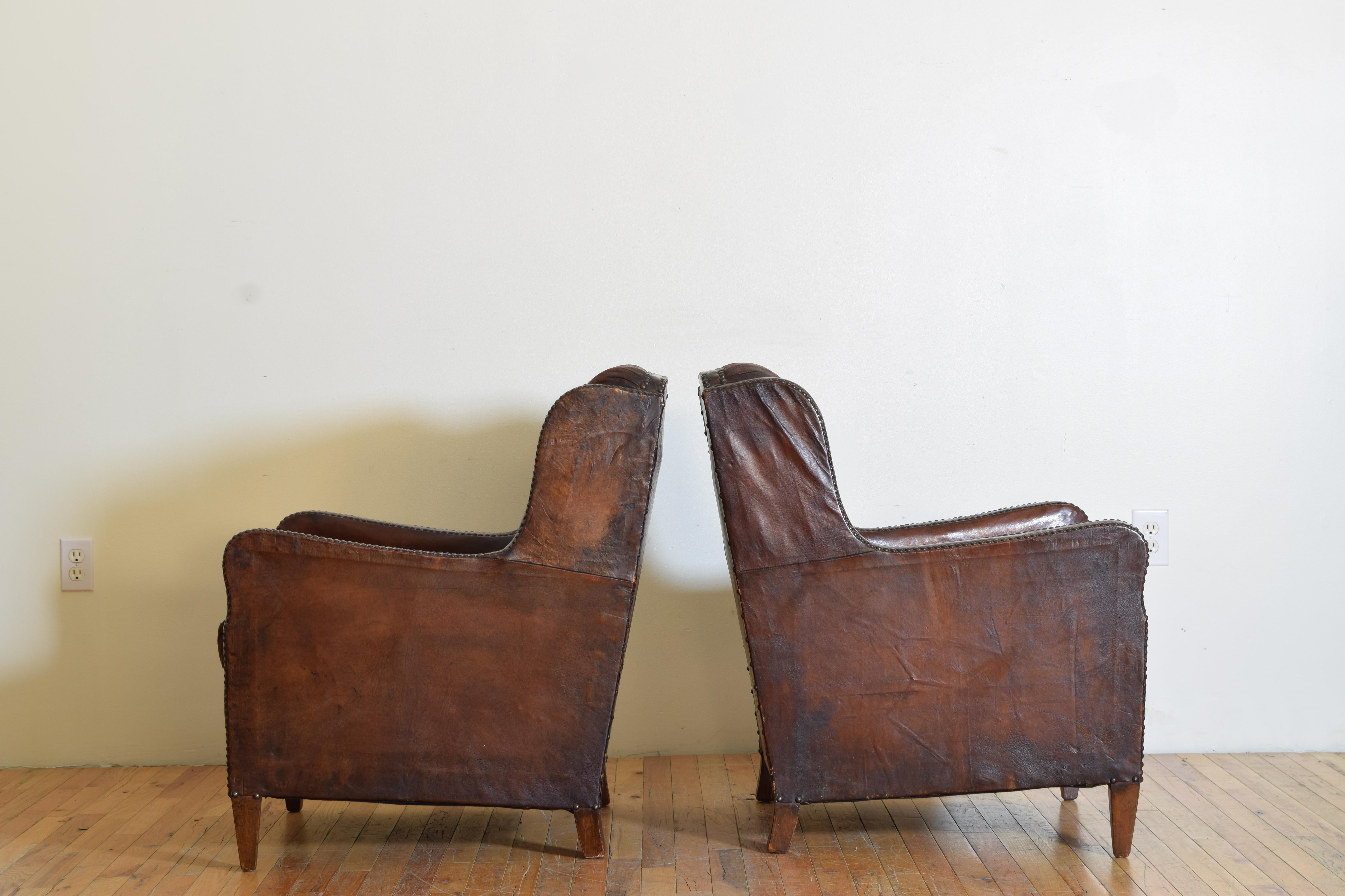 Mid-20th Century Pair French Late Art Deco Leather & Suede Upholstered Bergeres, ca. 1940