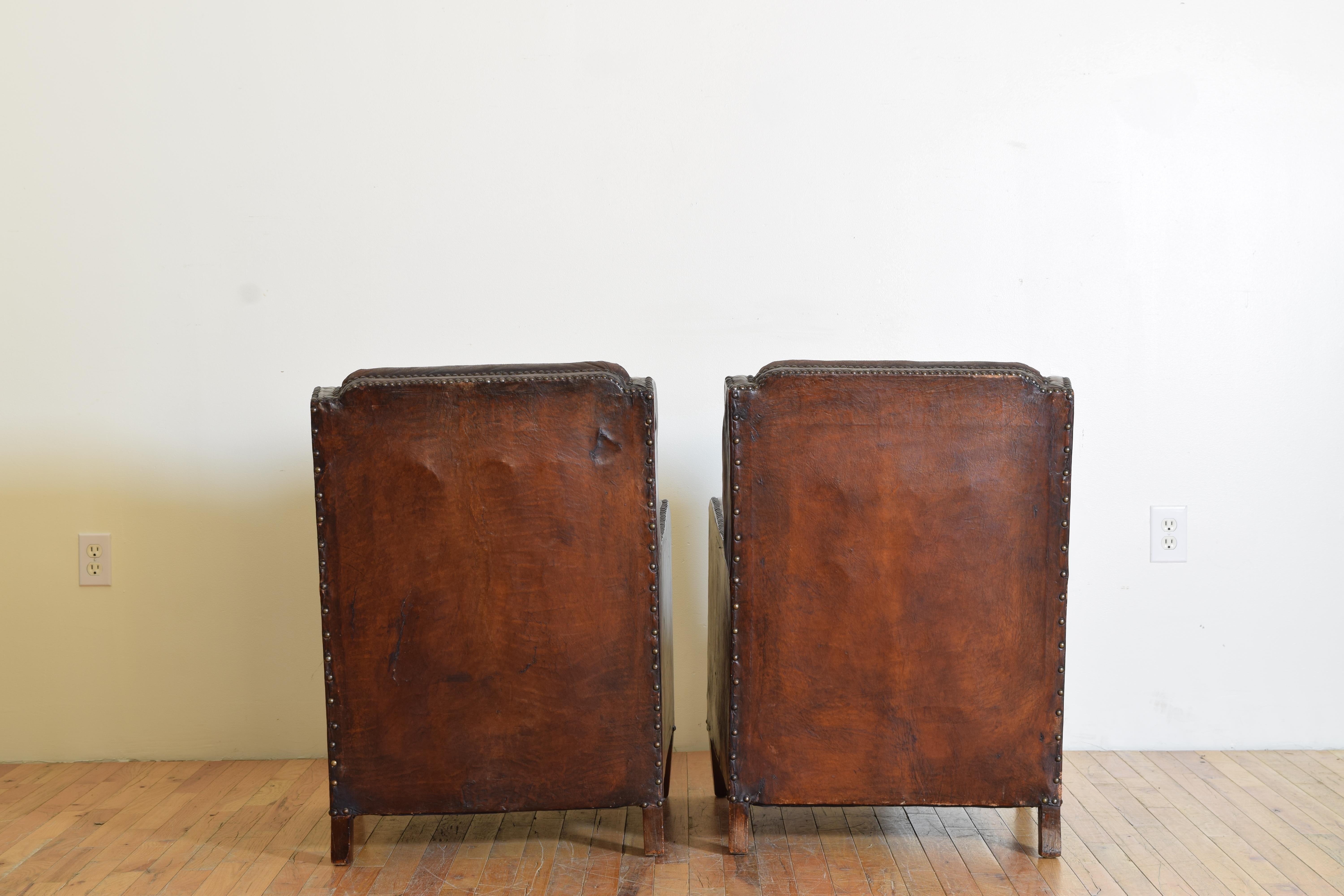 Pair French Late Art Deco Leather & Suede Upholstered Bergeres, ca. 1940 1