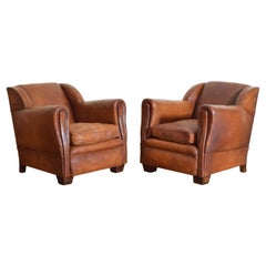 Vintage Pair French Late Art Deco Leather Upholstered Club Chairs, ca. 1940