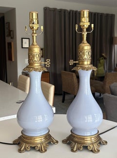 Pair French Lavender Opaline Oil Table Lamps Electrified