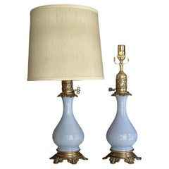 Pair French Lavender Opaline Oil Table Lamps Electrified