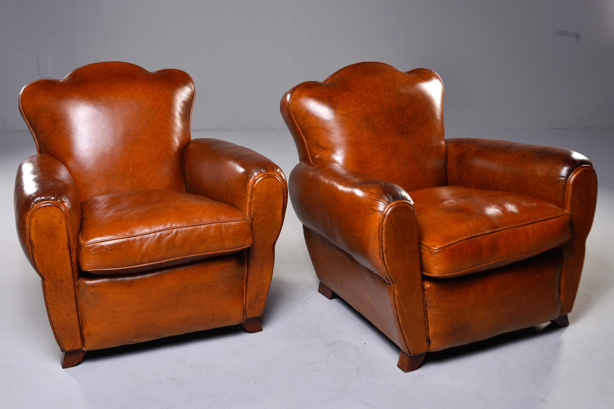 Pair of circa 1930s French Art Deco club chairs in saddle brown leather with loose seat cushions, rounded arms, angled wood feet and curved, camel shaped seat backs. Sold and priced as a pair. Unknown maker.

Measures: Arm height: 23”
Seat