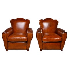Antique Pair of French Leather Art Deco Club Chairs