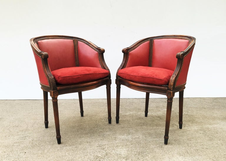 Pair of French Leather, Cane and Suede Library Bergère Chairs In Good Condition For Sale In Dallas, TX