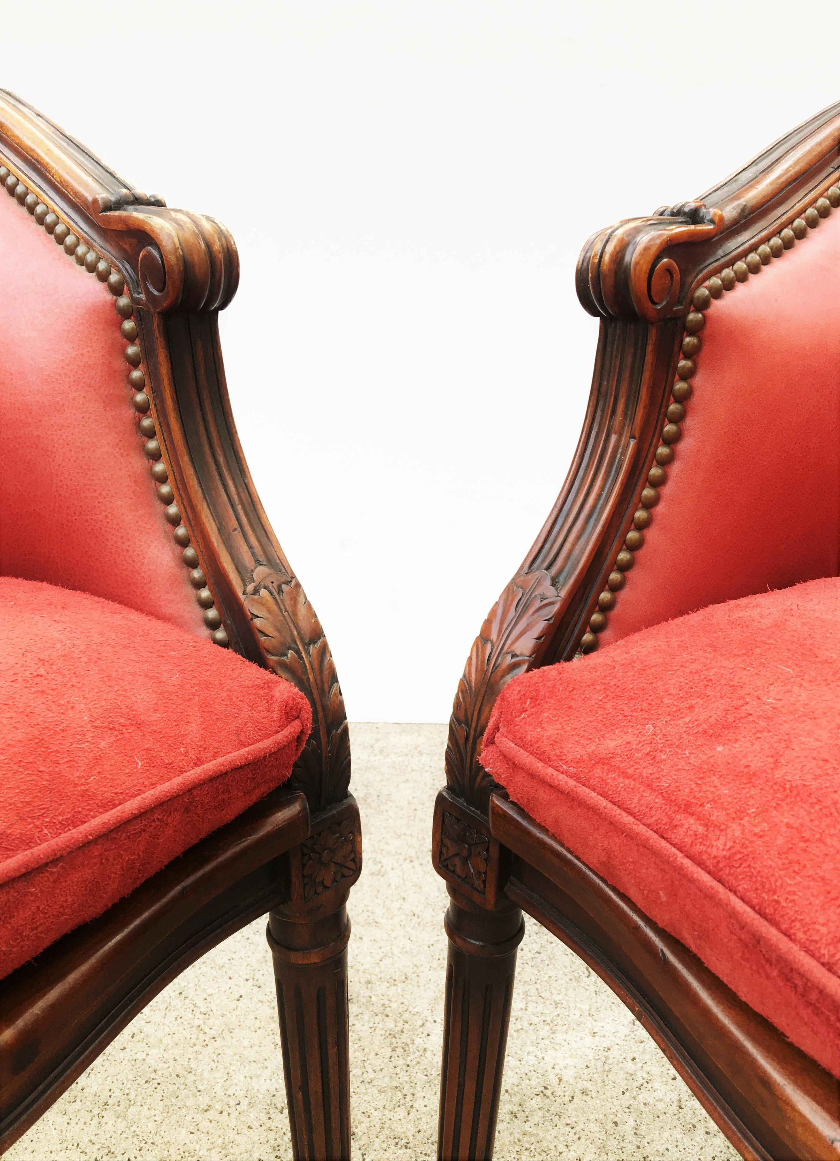 Pair of French Leather, Cane and Suede Library Bergère Chairs In Good Condition For Sale In Dallas, TX