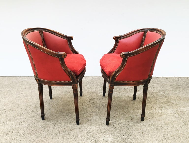 Pair of French Leather, Cane and Suede Library Bergère Chairs For Sale 4