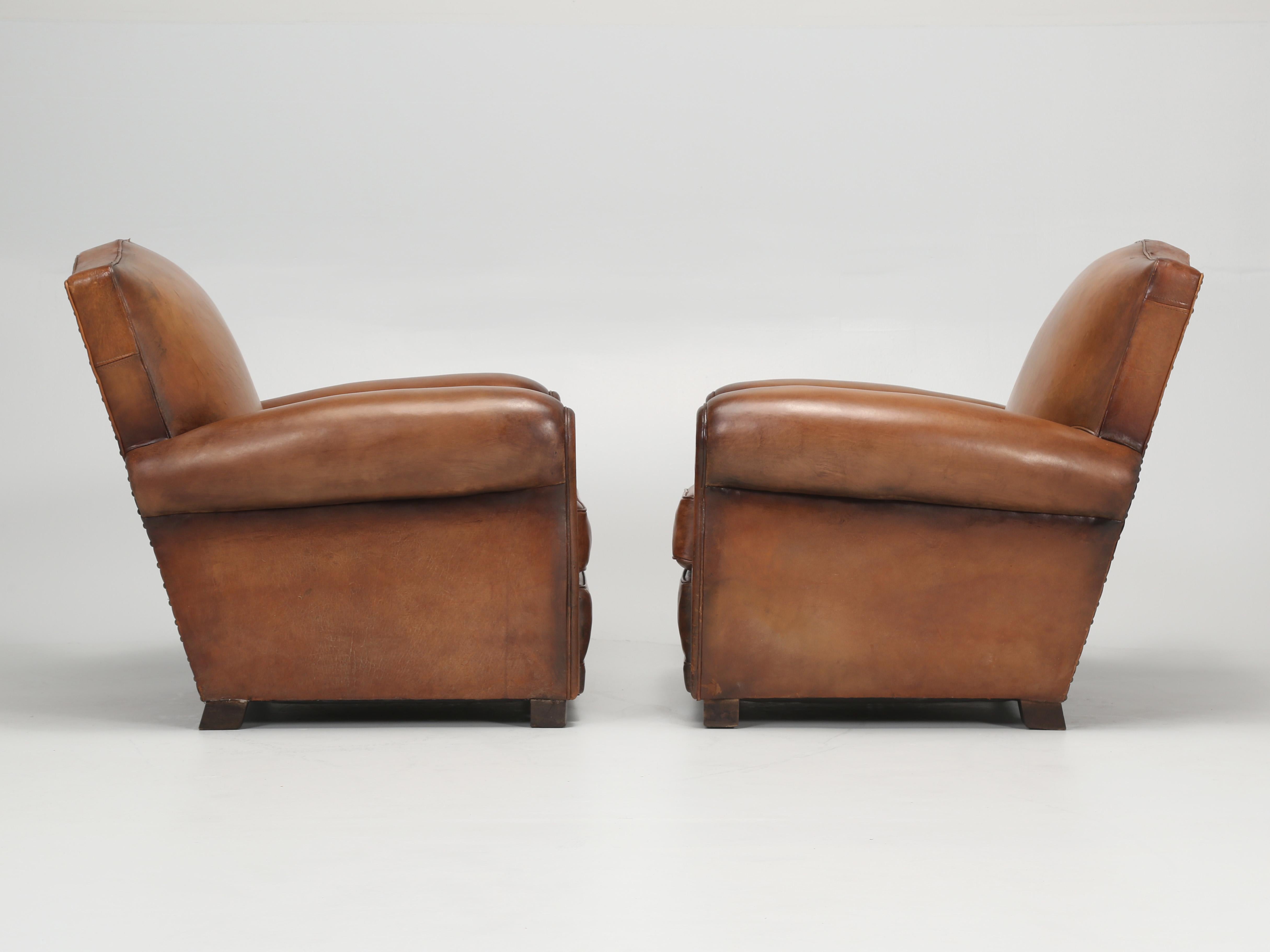 Pair French Leather Club Chairs Classic Moustache Back Style, Properly Restored 9
