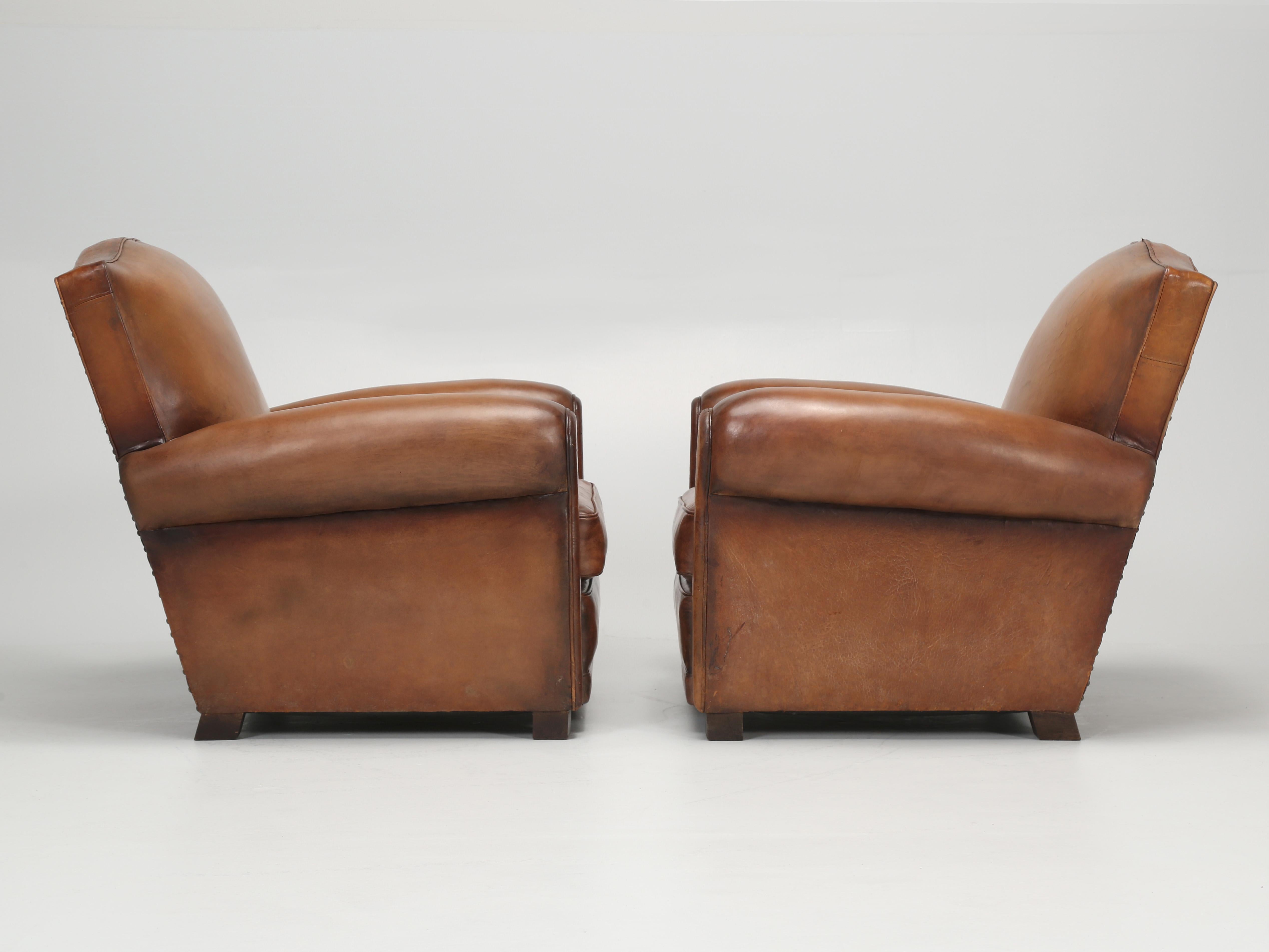 Pair French Leather Club Chairs Classic Moustache Back Style, Properly Restored 10