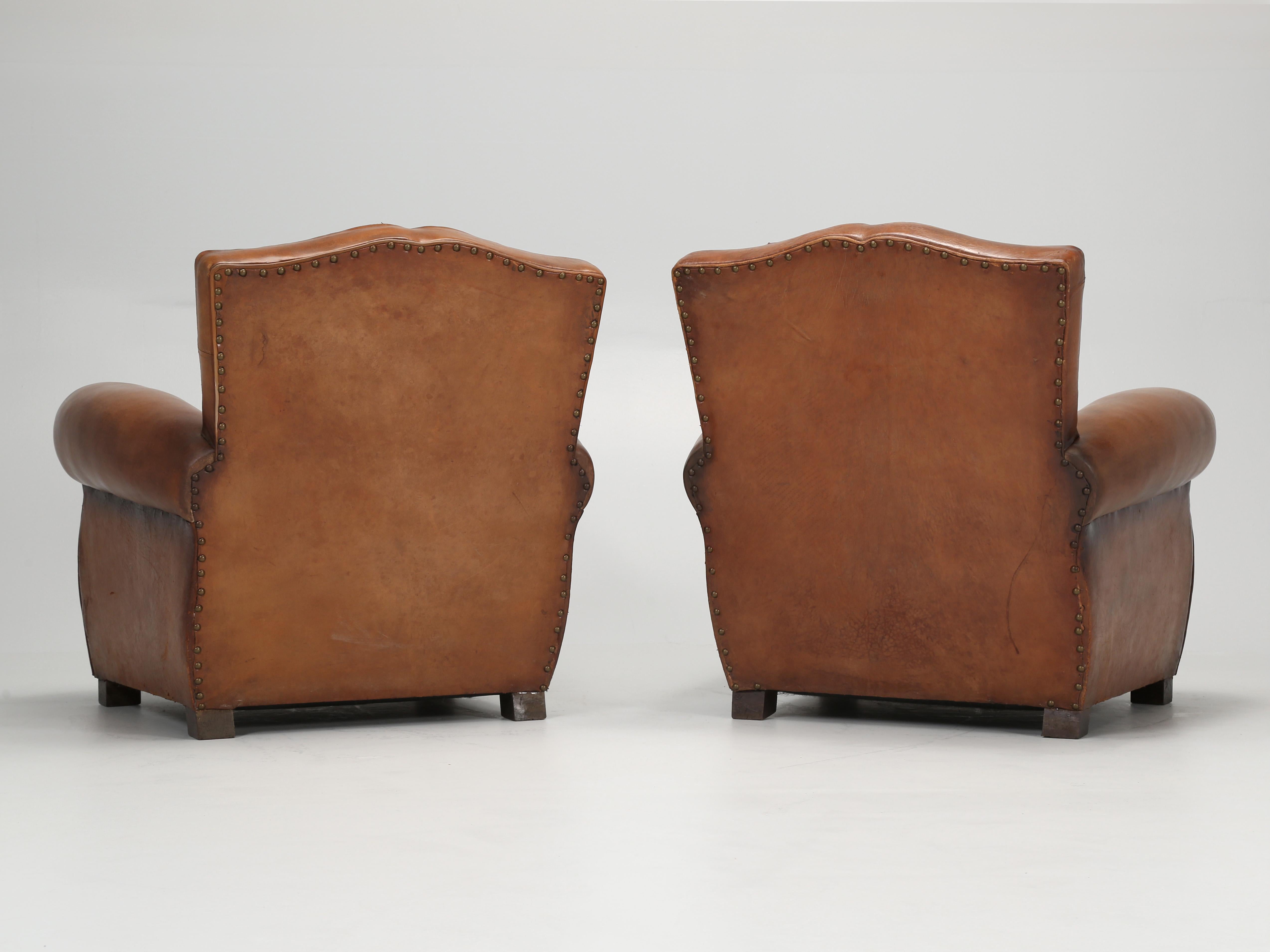 Pair French Leather Club Chairs Classic Moustache Back Style, Properly Restored 11