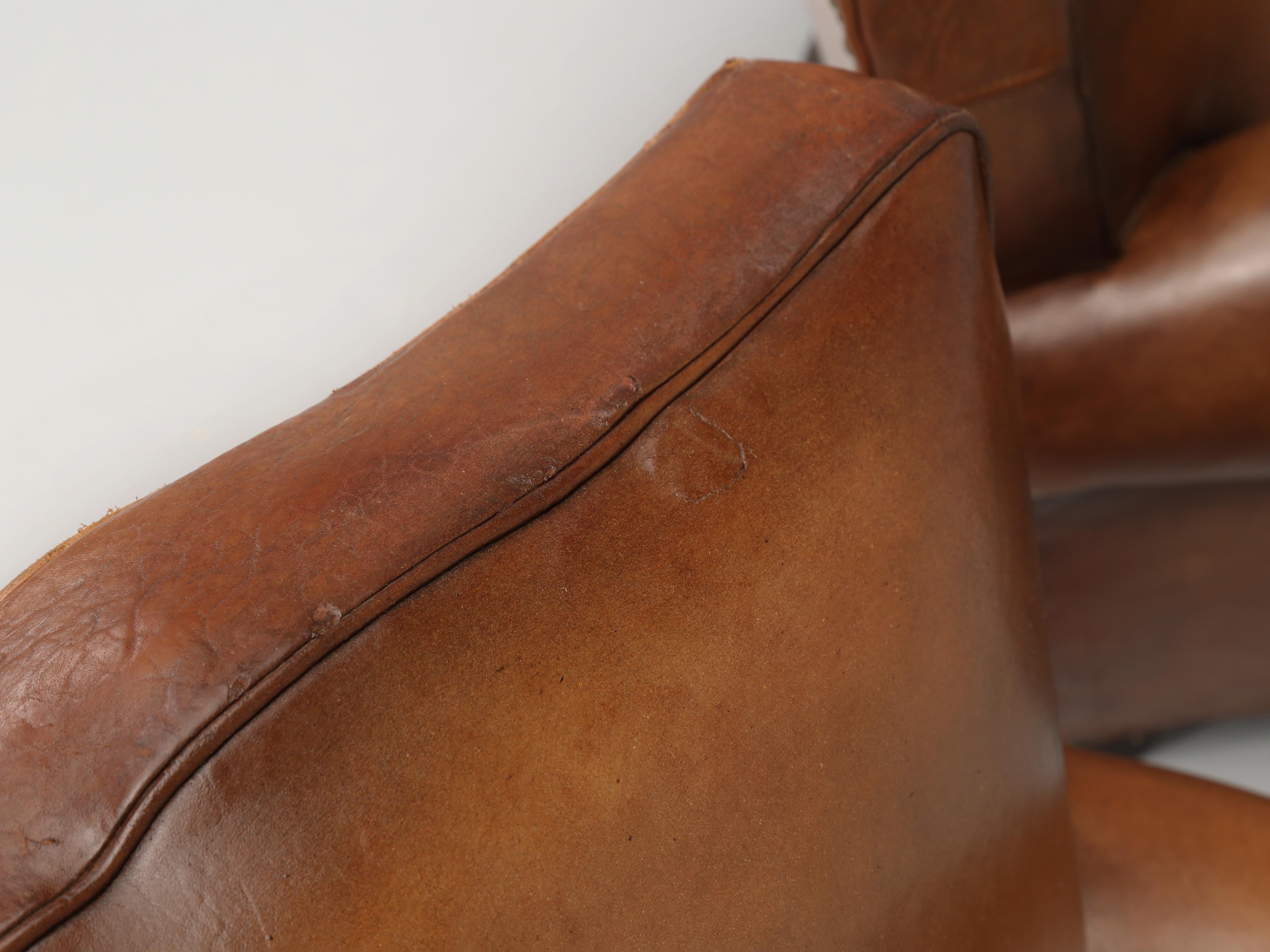 Hand-Crafted Pair French Leather Club Chairs Classic Moustache Back Style, Properly Restored