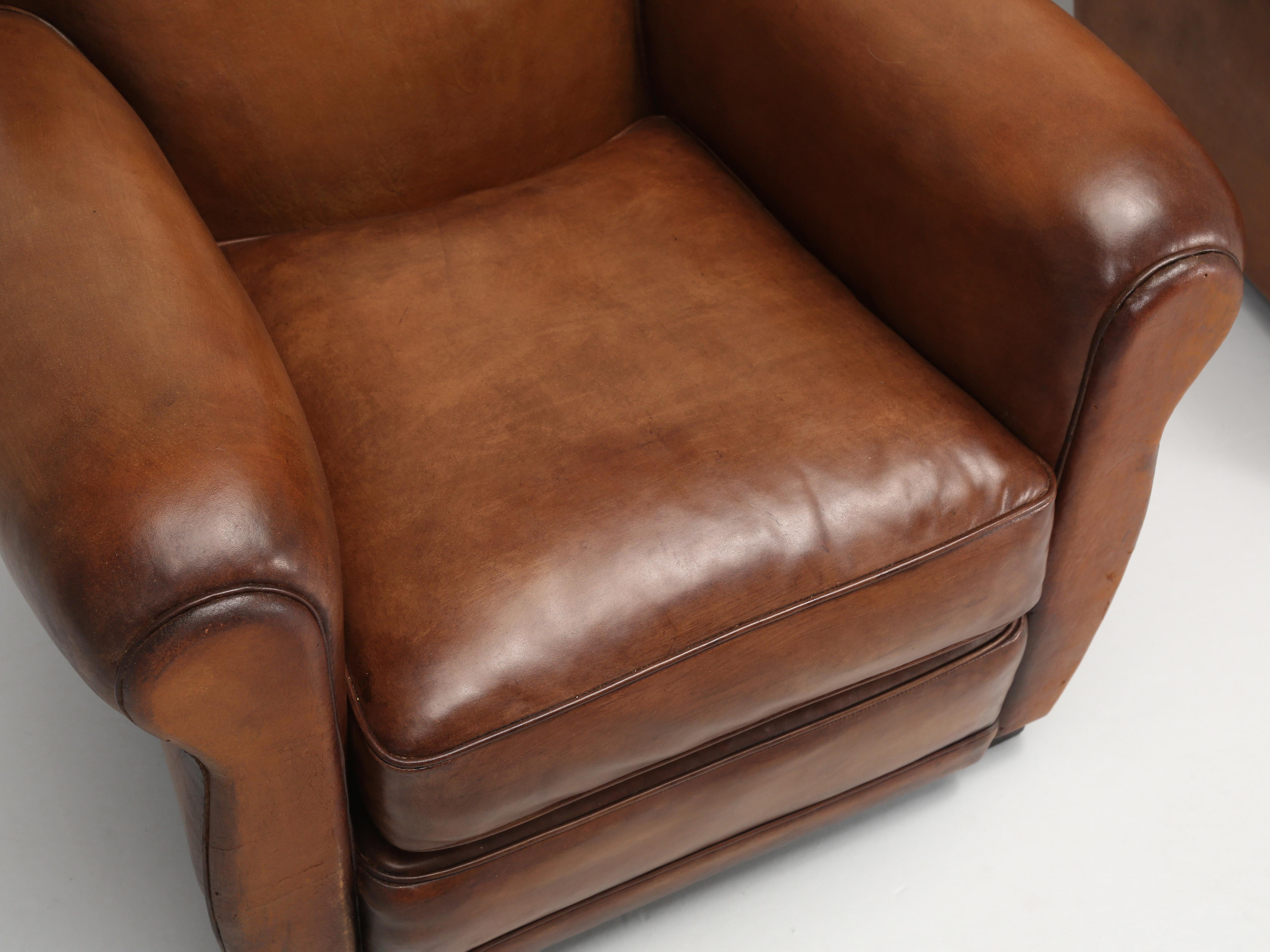 Mid-20th Century Pair French Leather Club Chairs Classic Moustache Back Style, Properly Restored