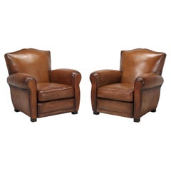 Pair French Leather Club Chairs Classic Moustache Back Style, Properly Restored