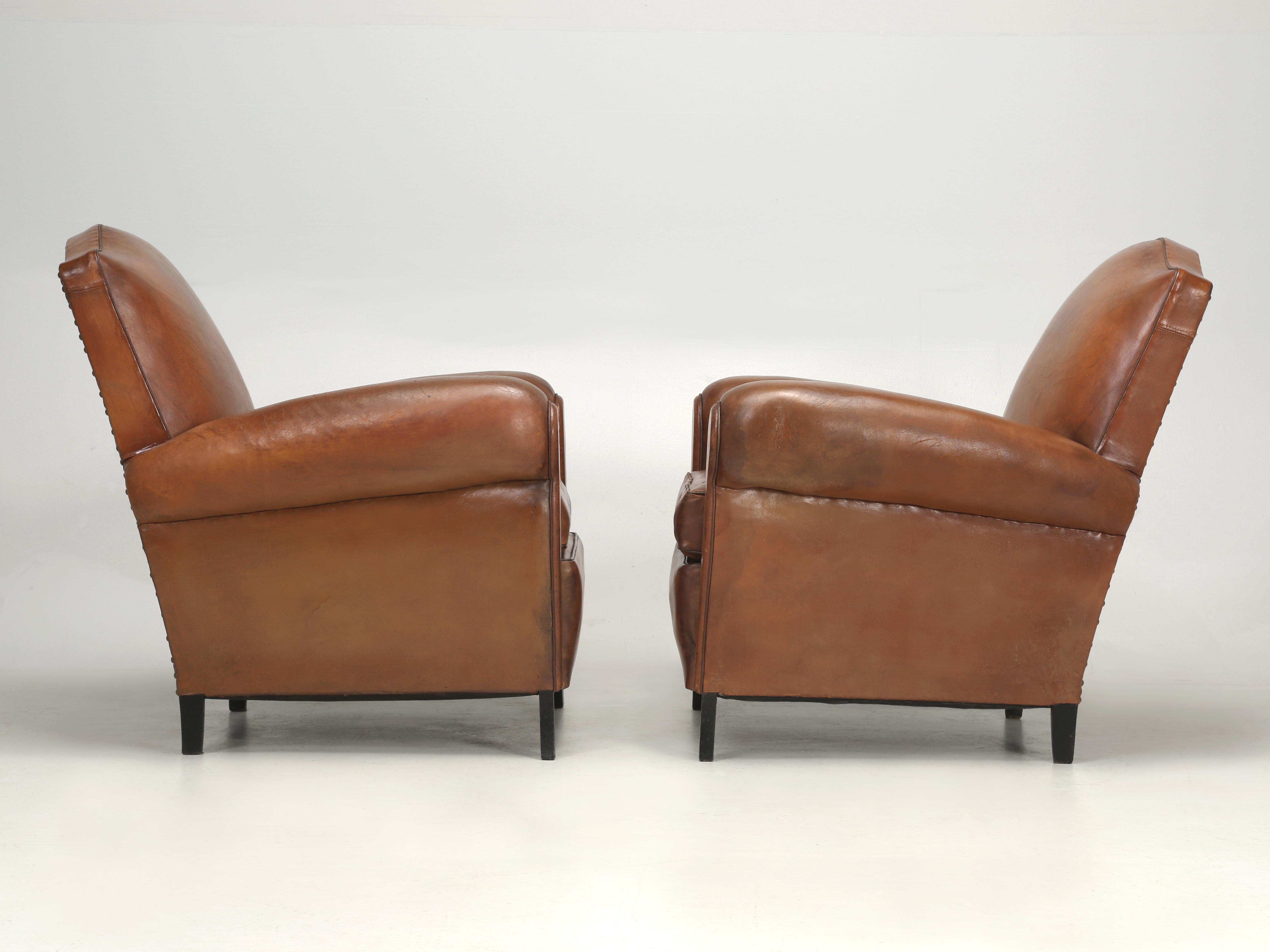 Pair French Leather Club Chairs in Original Leather Properly Restored Interiors 12