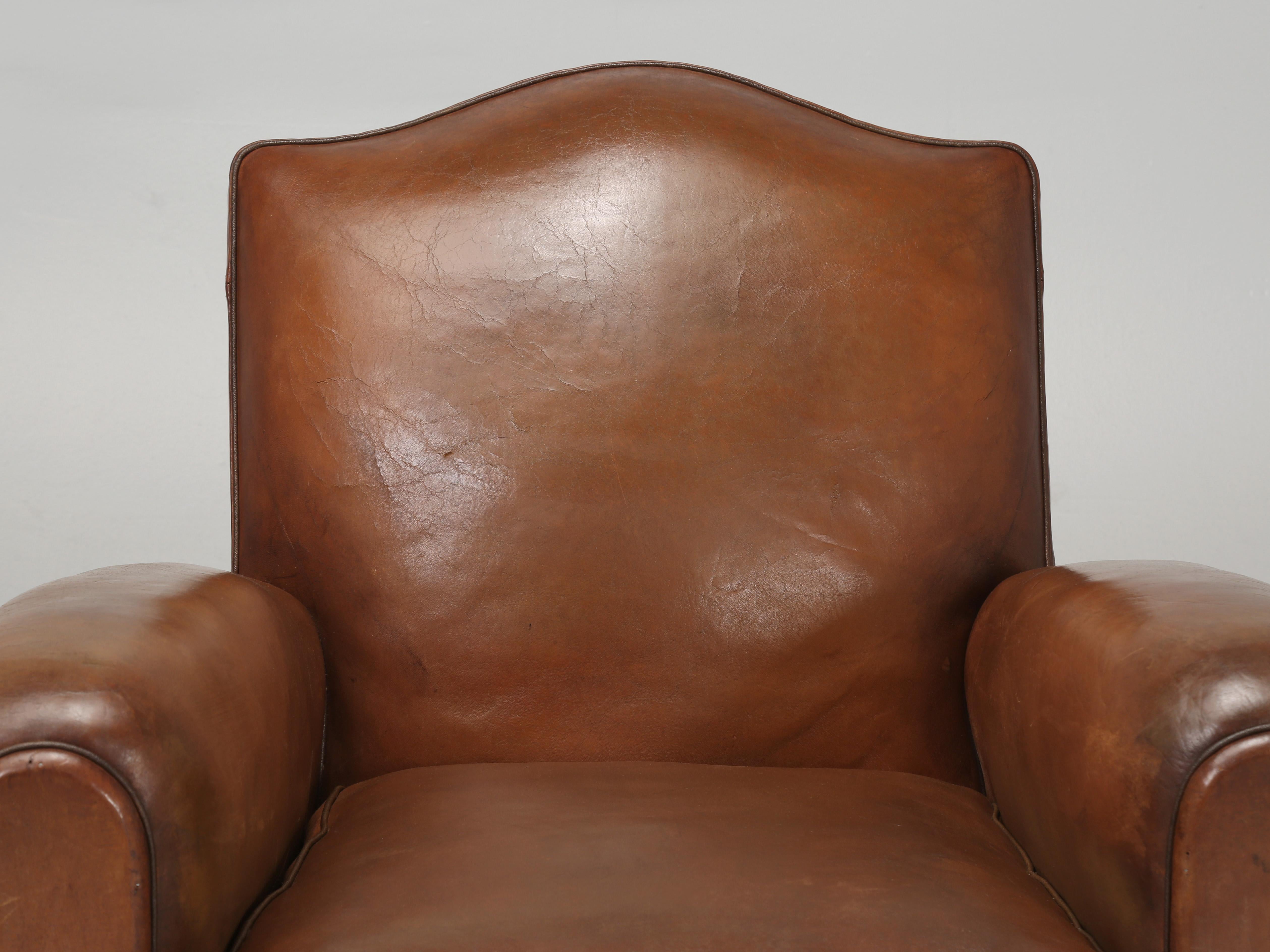 Art Deco Pair French Leather Club Chairs in Original Leather Properly Restored Interiors
