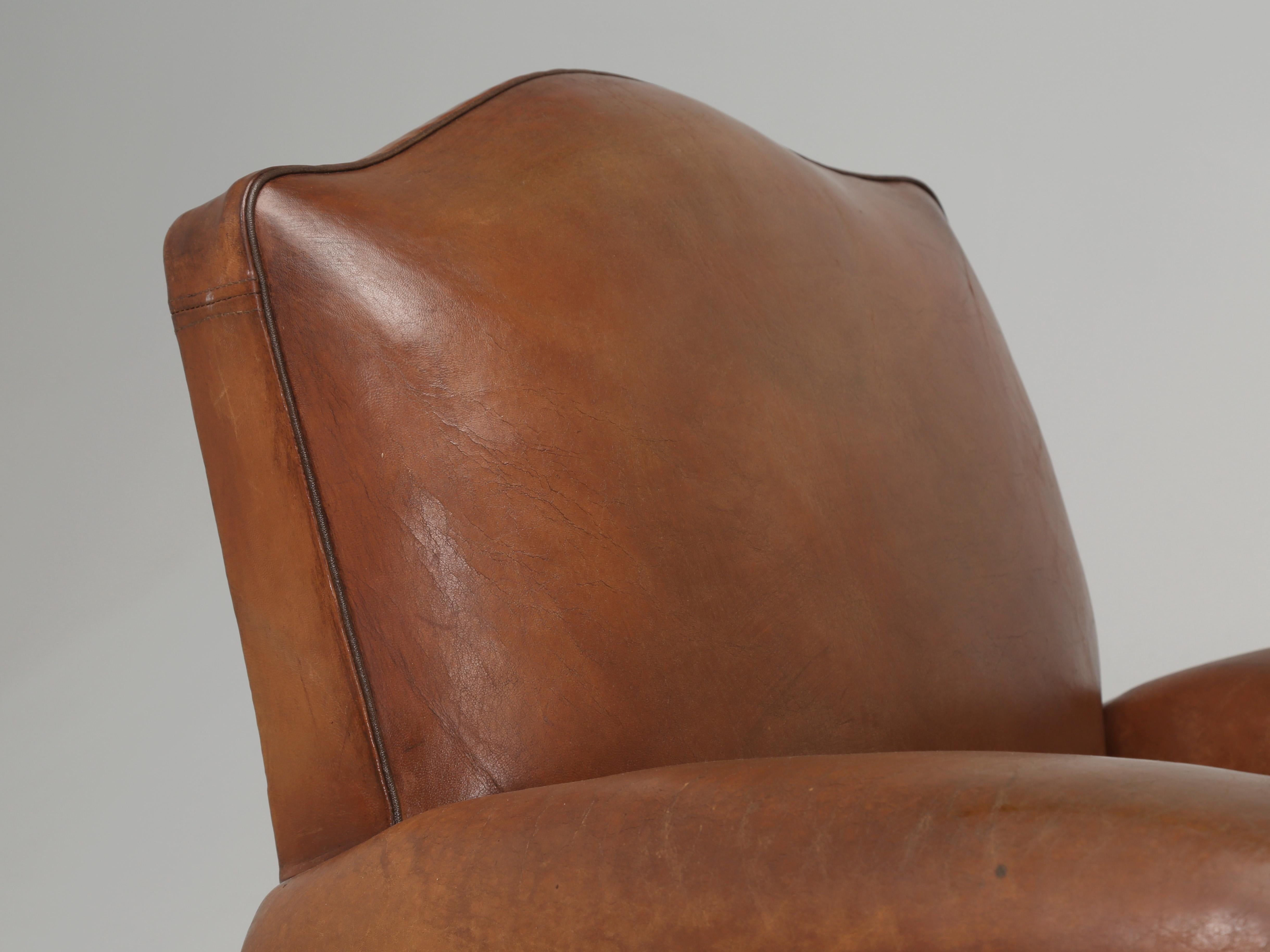 Hand-Crafted Pair French Leather Club Chairs in Original Leather Properly Restored Interiors