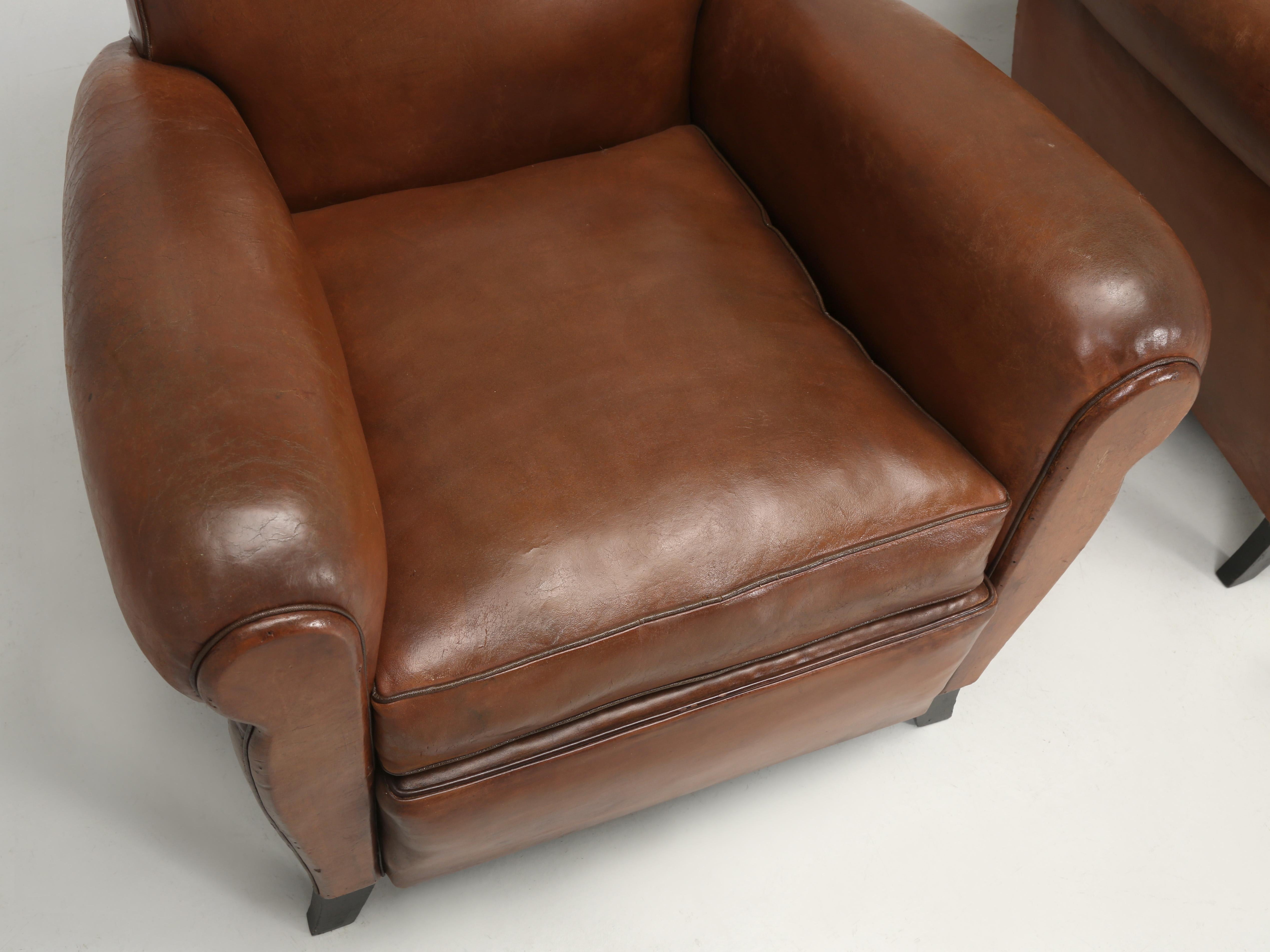 Pair French Leather Club Chairs in Original Leather Properly Restored Interiors In Good Condition In Chicago, IL