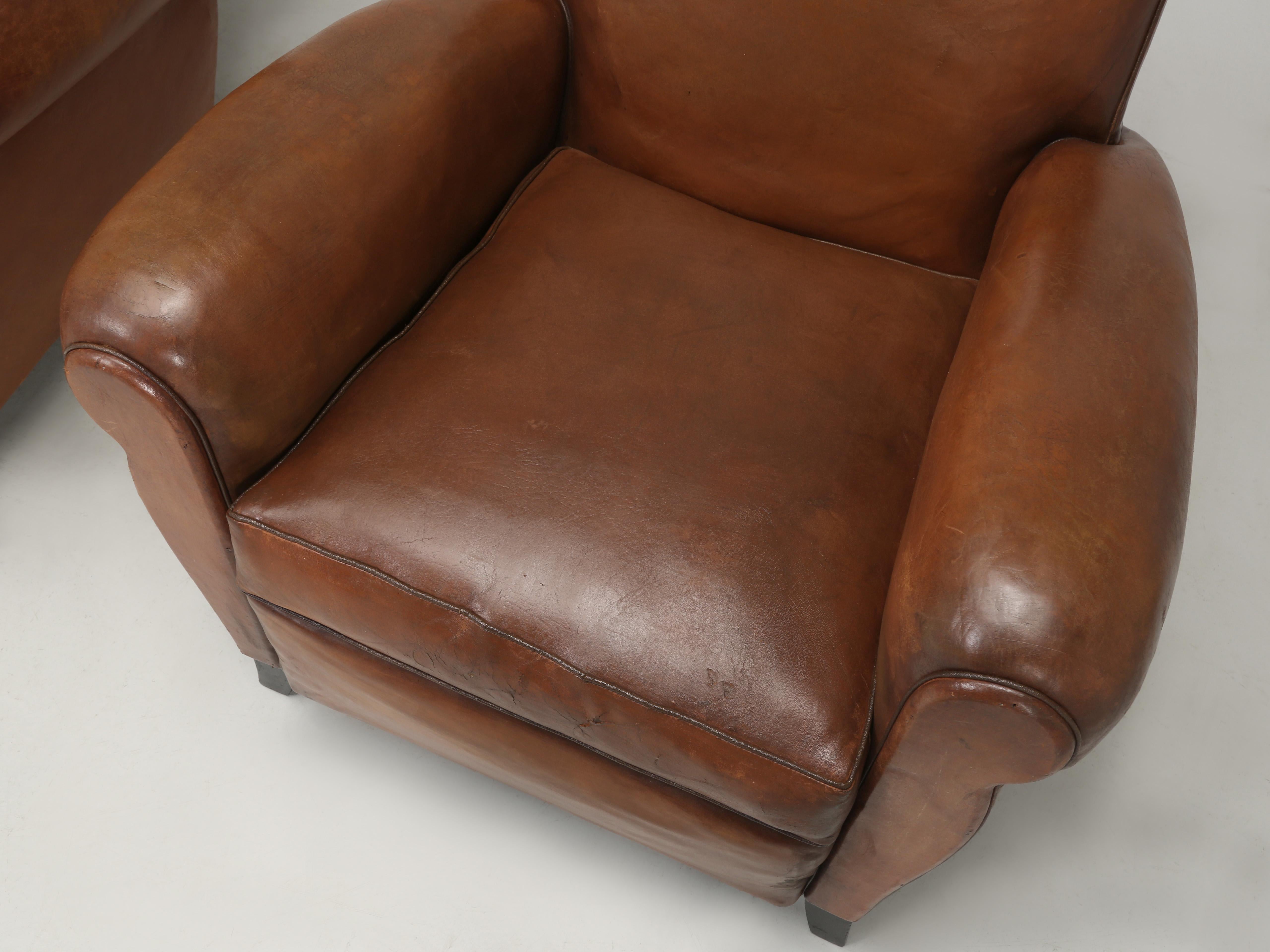 Mid-20th Century Pair French Leather Club Chairs in Original Leather Properly Restored Interiors