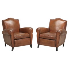 Pair French Leather Club Chairs in Original Leather Properly Restored Interiors